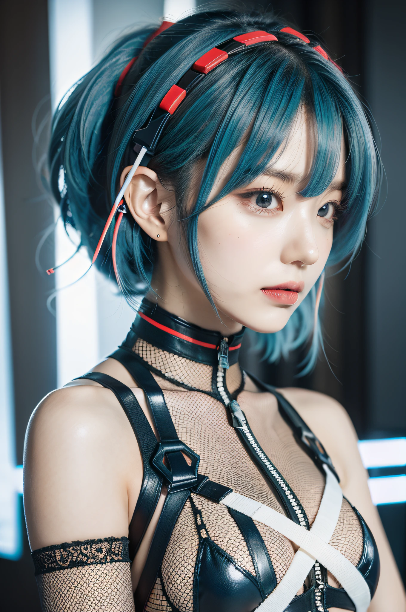 (girl): solo, (perfect face), (detailed outfit), intrigued, (focused), blue hair, medium hair, (pixie cut), red eyes, medium breasts, ayanami rei, solo, plugsuit, blue hair, white bodysuit, short hair, red eyes, bodysuit, interface headset(background): from above, indoor, (sci-fi), (computers), inside a robot(effects): (masterpiece), (best quality), (sharp focus), (depth of field), (high res), more prism, vibrant color,