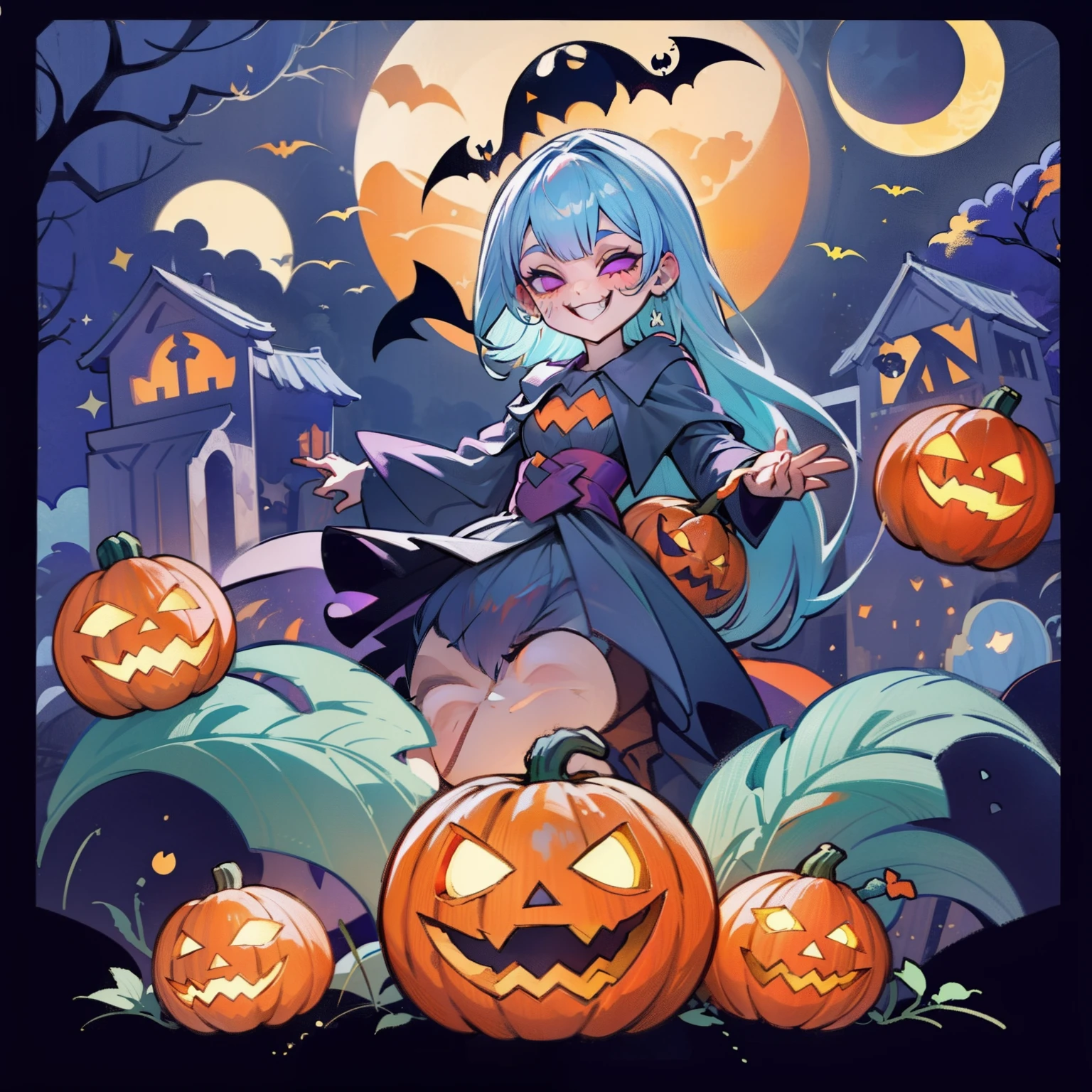 Halloween pumpkin fun and silly, cute, vibrant colours, pumpkin vines, jack o'lantern smiling, logo style, vector illustration