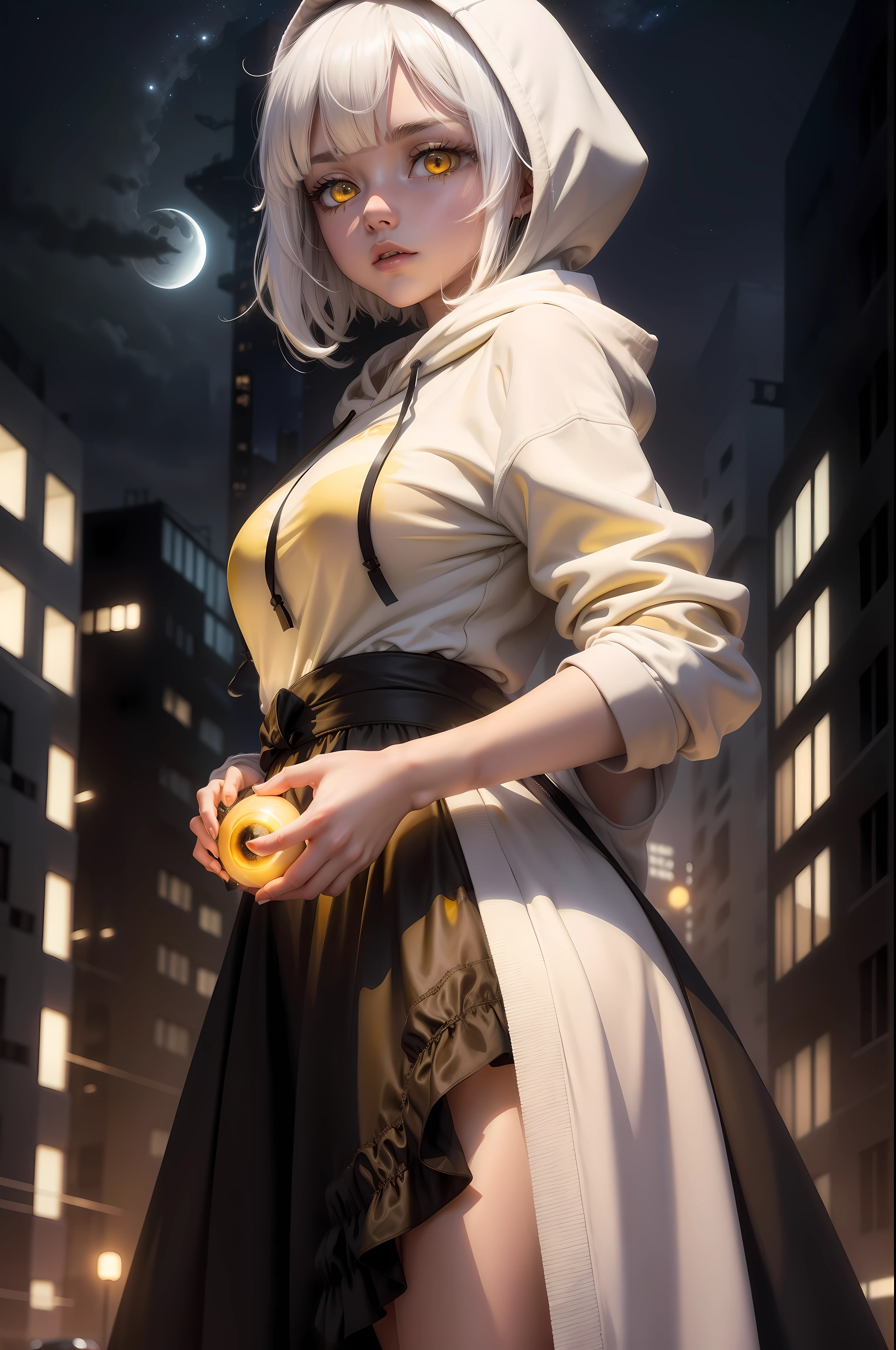 1 girl, big long dress hoodie, (((white hoodie))) , white hair, dark city background,black building, dark aura, night, yellow eye, short hair, angel eye, moon, the girl looking from behind poses, position masterpiece, cute girl, urban city dark, hold hands, masterpiece, 8k detail 1.3, ultra detail Anime 3D , 3D  realism, , detail hands, (((detail yellow eye))), 20 year old , little bit tied hair the left of his hair,big boobs,