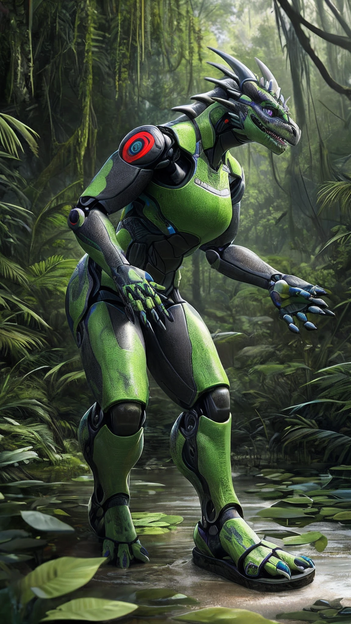 Bionic robot dragon,female,Android,Red Lingeri,sandals,Stuck in a swamp,HD graphics,Detailed and realistic,high detal,high qulity,photo-realistic,photorealistic eye,Detailed paws,Clear eyes,Masterpiece artwork,Five-fingered hands