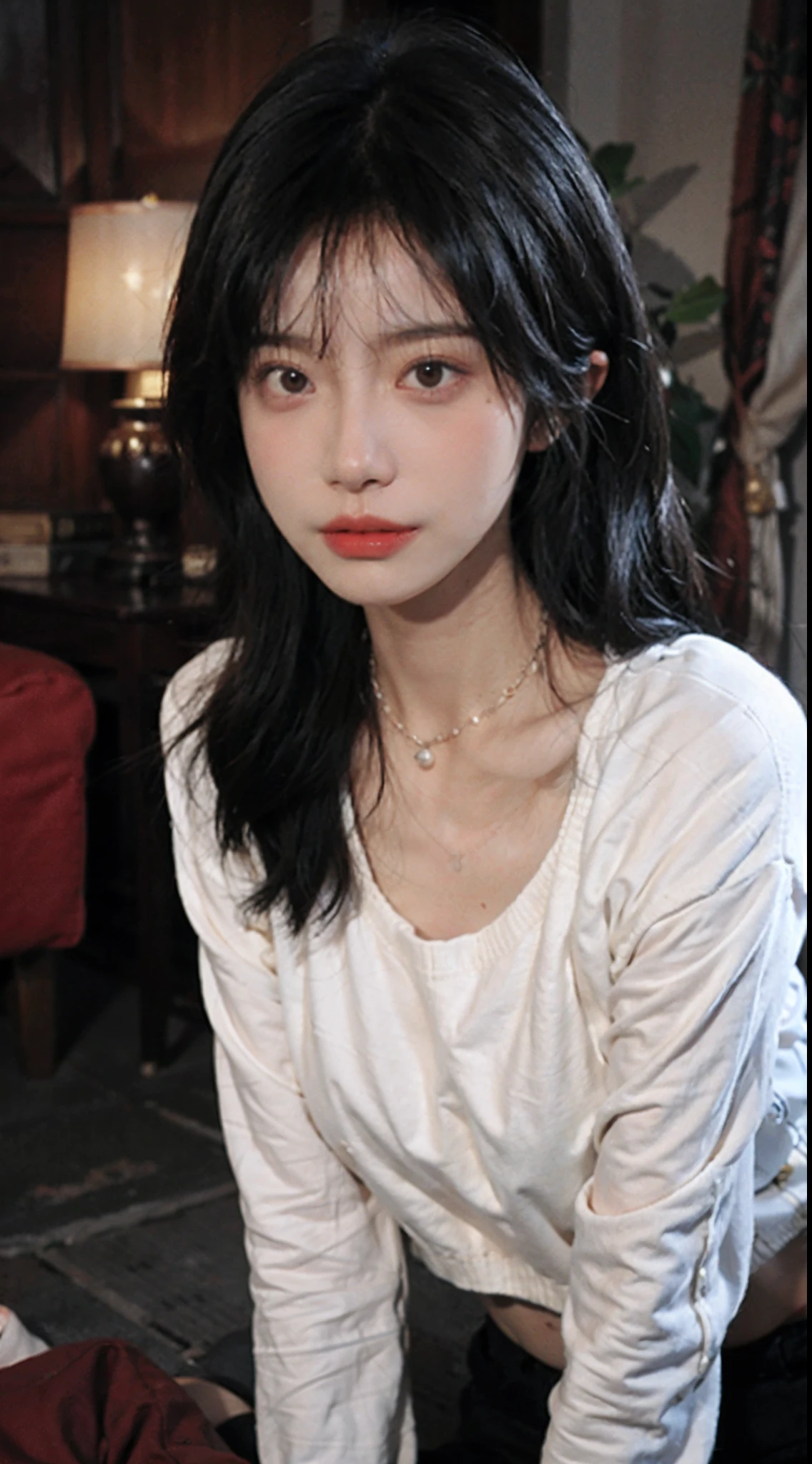 best qualtiy, 超高分辨率, (realisticlying:1.4),Baoyu Girl,1girll, with long coiled hair,Blushlush,Looking into the distance,nedium breasts,Cropped red sweater,a sense of atmosphere,Beautiful woman with a slim figure:1.4, Abs,Ultra-fine face,Elaborate Eyes,二重まぶた,choker necklace
