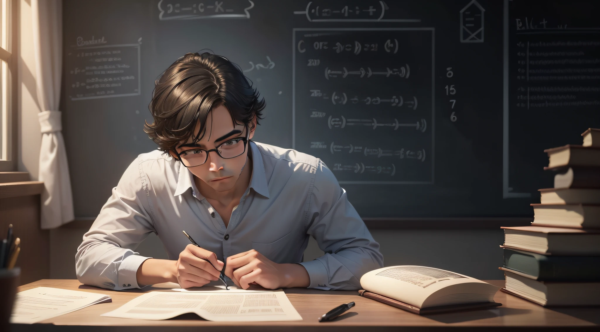 The image depicts a young student sitting at a table in a brightly lit study room. The scene is focused on his concentrated expression as he stares at a blackboard covered in complex mathematical equations.

The student is leaning over the table, pen in hand and sheet of paper in front of him. He's in the midst of solving a challenging equation, his brows furrowed in deep concentration. His face reflects the intensity of his dedication to the problem he is trying to solve.

The blackboard behind him is filled with interconnected mathematical equations. Some passages are crossed out and rewritten as he refines his solutions. Formulas are meticulously rendered, displaying crisp detail from equations, mathematical symbols, and annotations.

Lighting in the room comes from a side window, casting soft light over the scene and creating subtle shadows. The reflection of light from the surface of the blackboard and the student's glasses adds a touch of realism to the image.

Around the student, there are stacked books and class notes, evidencing his constant search for knowledge. A wall clock shows that it is late at night, emphasizing the student's commitment and determination to master the equations.

The color palette is made up of muted shades of gray, white and black, with subtle touches of blue and red from the pens and markers. This creates a sense of seriousness and focus that is characteristic of the study environment.

In summary, the image captures the essence of associating intelligence with the ability to solve equations. It highlights the commitment and concentration required to tackle challenging mathematical problems, presenting a detailed and realistic portrayal of a student immersed in solving complex equations.