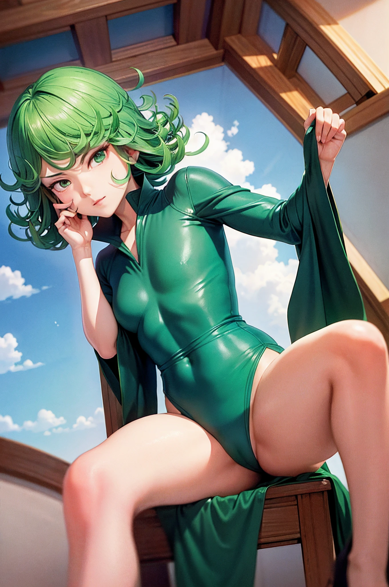 (masterpiece, best quality:1.2), solo, 1girl, tatsumaki, unamused, closed mouth, looking at viewer, hand on our face, sitting, She wore Dunhuang flying clothes,crossing leg