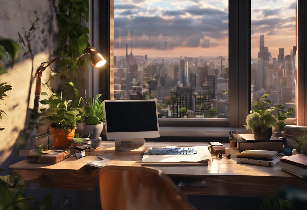 an artist desk with few plants, books, paper, laptop, shelf, drawers, window with a view to a green urban scenery, view directly on to the laptop, laptop takes 85% of the space, of the image,