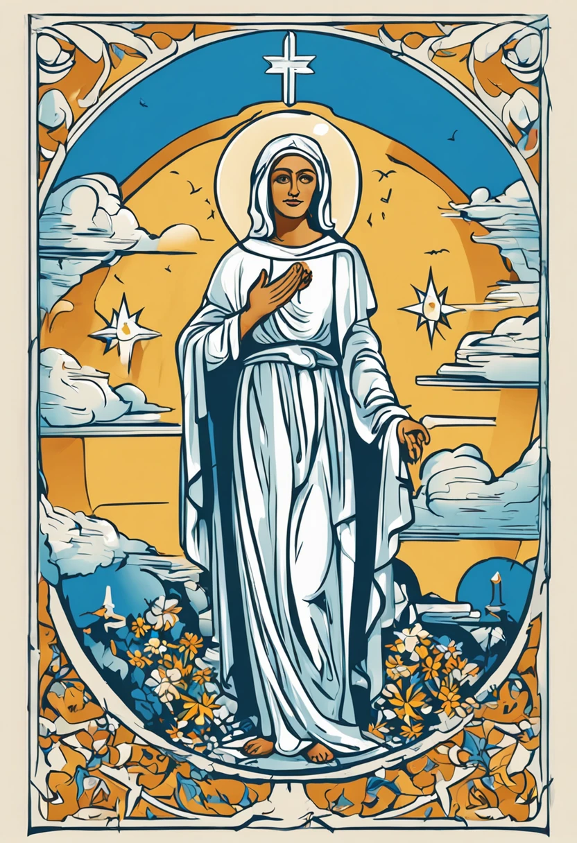 Crie uma imagem de Nossa Senhora, mother of Jesus, with a maximum of 3 colors. A imagem deve ter Nossa Senhora no centro, surrounded by angels and with clouds from the sky in the background.
Use as seguintes cores:
Branco para Nossa Senhora
Azul para os anjos
Amarelo para as nuvens
Nossa Senhora deve estar usando um manto branco, with a blue veil on his head. Os anjos devem estar voando ao redor dela, com asas brancas. As nuvens devem ser brancas e amarelas, with a bright blue sky in the background.
A imagem deve ser composta de formas simples, com linhas retas e curvas suaves. O estilo deve ser minimalista, com um foco na simplicidade e na beleza.