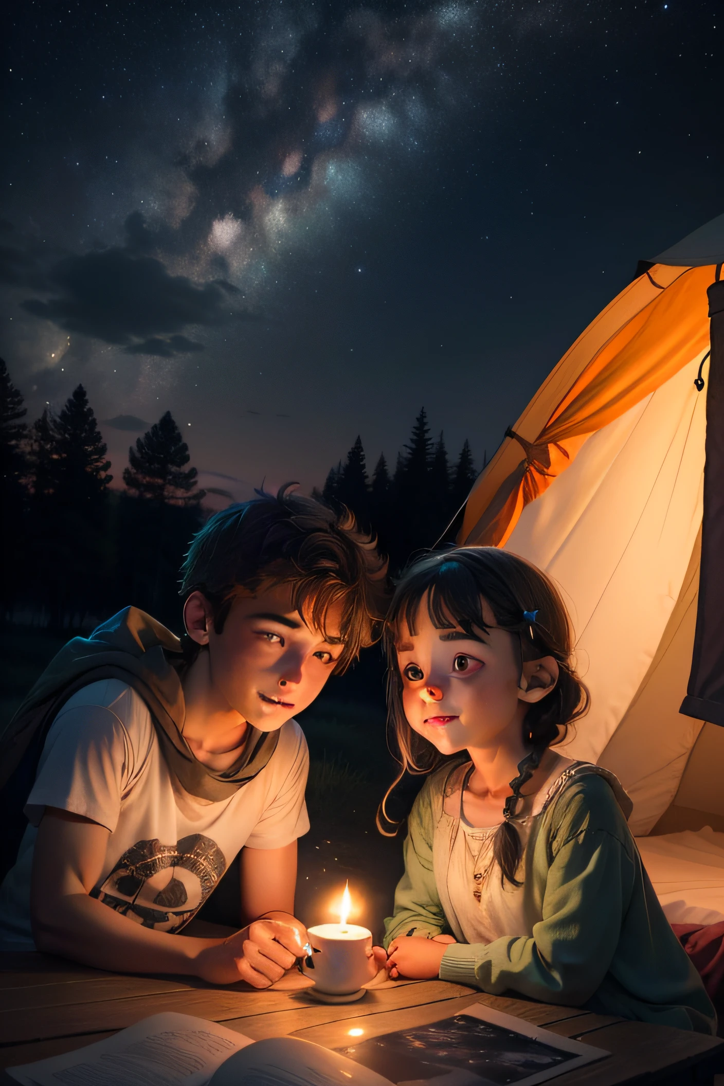 Crie uma cena noturna em um quintal com Luna e Leo, uma garota e um menino, hand in, looking at a dazzling starry sky. They have radiant smiles, and the sky is full of twinkling stars, com uma estrela cadente no centro. Ao redor, there are trees, arbustos e uma tenda de acampamento com luzes suaves, suggesting a night of exploration and dreams. Convey the sense of wonder, hope and anxiety for future adventures.