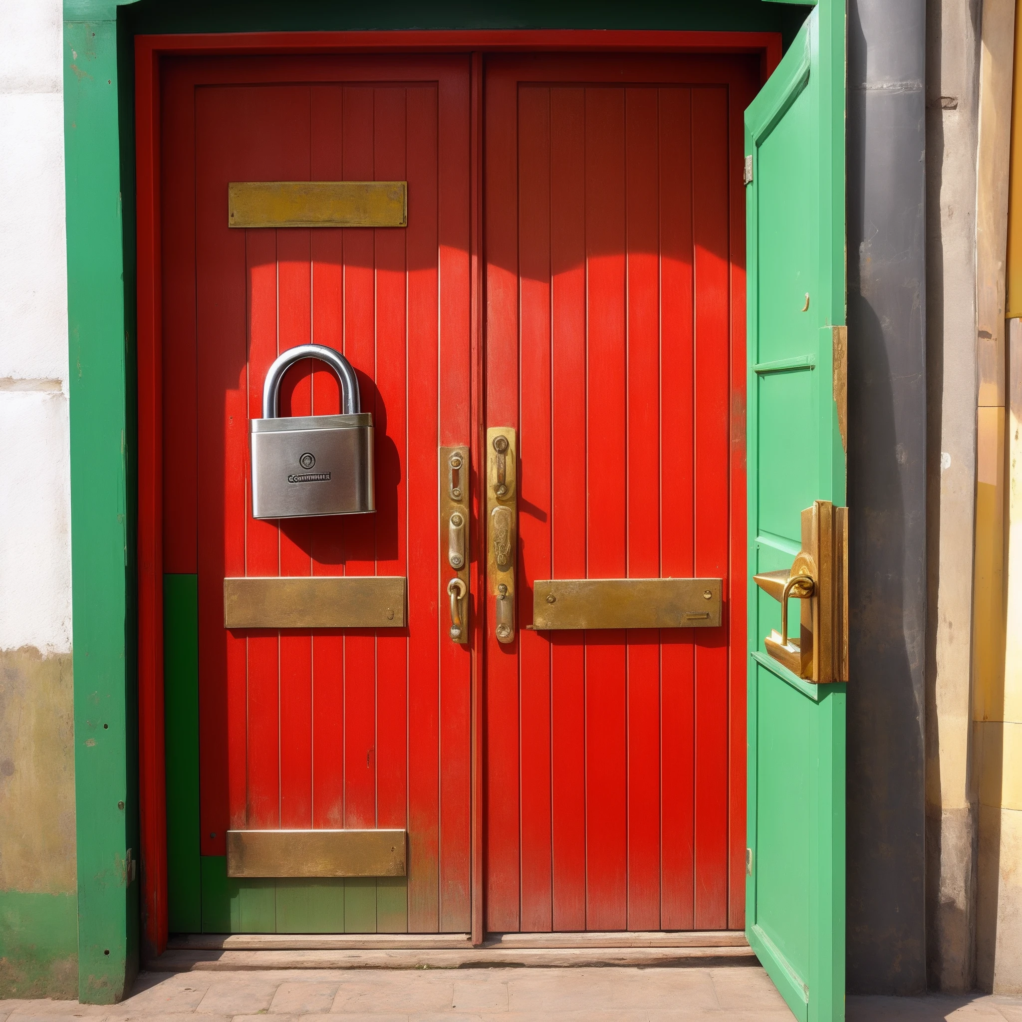 um comerciante em frente a sua loja. Loja velha, steel door with padlock