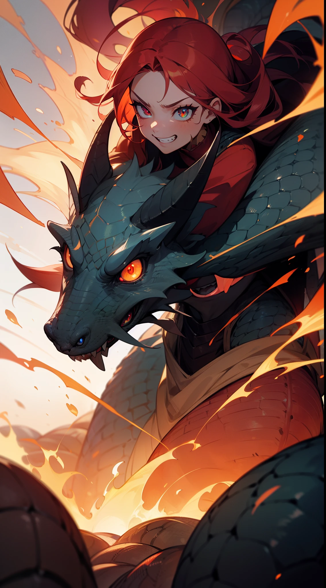((masterpiece)), best quality, 8k, high quality, high resolution, super detailed, ultra detailed, photorealistic, magical and finely detailed face and eyes, ultra detailed and detailed skin texture, enchanting eyes, perfect face, 1 girl, fiery red hair, (dragonscale armor), fierce expression, (fiery aura), (dragon egg), standing amidst a dragon's lair, a powerful creature by her side, resolute gaze, ((fiery grin)), day, ancient cavern, glimmering treasure, epic encounter, (rumbling growls), (crackling flames), since eons past, Drakara, formidable eyes, "Game of Thrones" inspired background.
