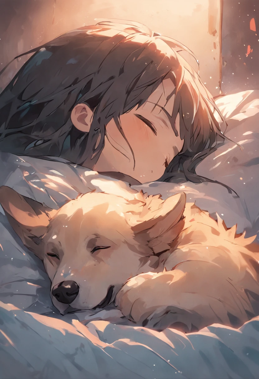 "Low angle shot, cute Catgirl lying belly up in the clouds with closed eyes, covered by clouds over breasts and genitals. Featuring cat's tail and ear, as well as some fur details. The Catgirl has light brown skin and the scene is set during the evening."
