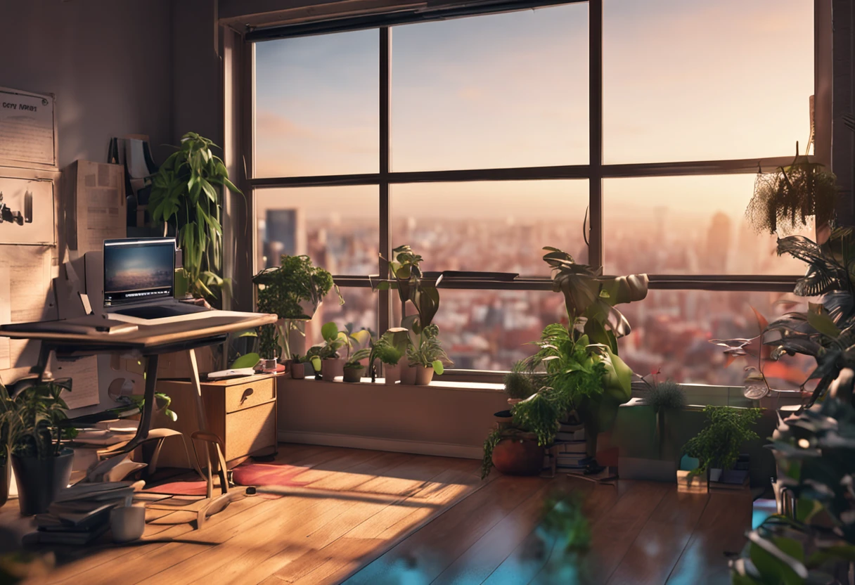 an artist desk with few plants, books, paper, laptop, shelf, drawers, window with a view to a green urban scenery, view directly on to the laptop, laptop screen takes 85% of the image,