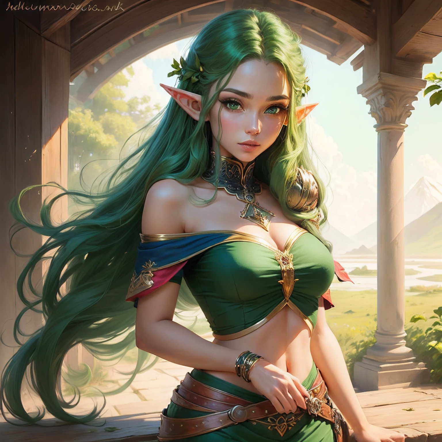 masterpiece, fulllength, perfect body, perfect face, green hair, long braided hair, fantasy character, druid, wood elf, perfect breasts, thighs, midriff, green eyes, magical, smiling, muscular, magical, abs