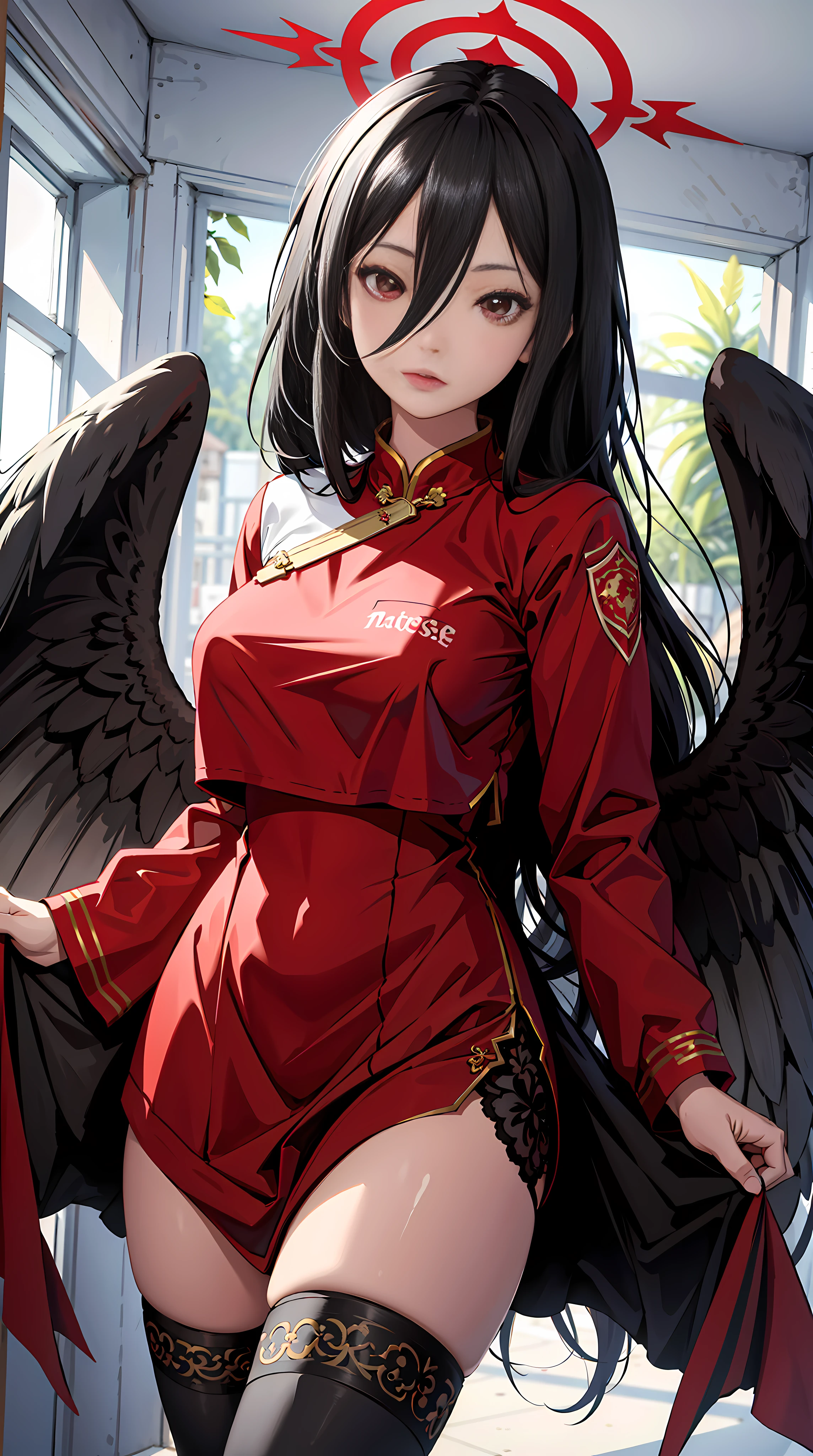 absurd res, high res, (masterpiece:1.4), ultra-detailed, 1girl, from above, space, floating, Chinese dress, red dress, stockings, black hair, red eyes, wings, hair between eyes