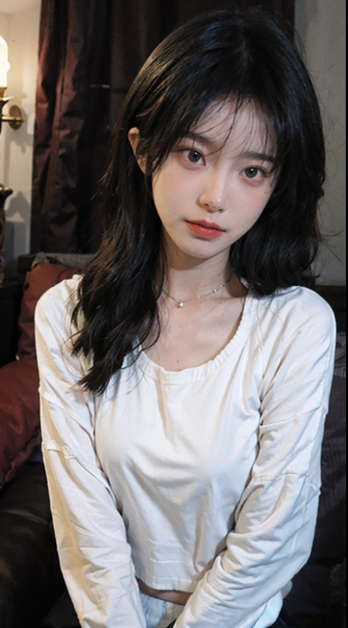 best qualtiy, 超高分辨率, (realisticlying:1.4),Baoyu Girl,1girll, with long coiled hair,Blushlush,Looking into the distance,nedium breasts,Cropped red sweater,a sense of atmosphere,Beautiful woman with a slim figure:1.4, Abs,Ultra-fine face,Elaborate Eyes,二重まぶた,choker necklace