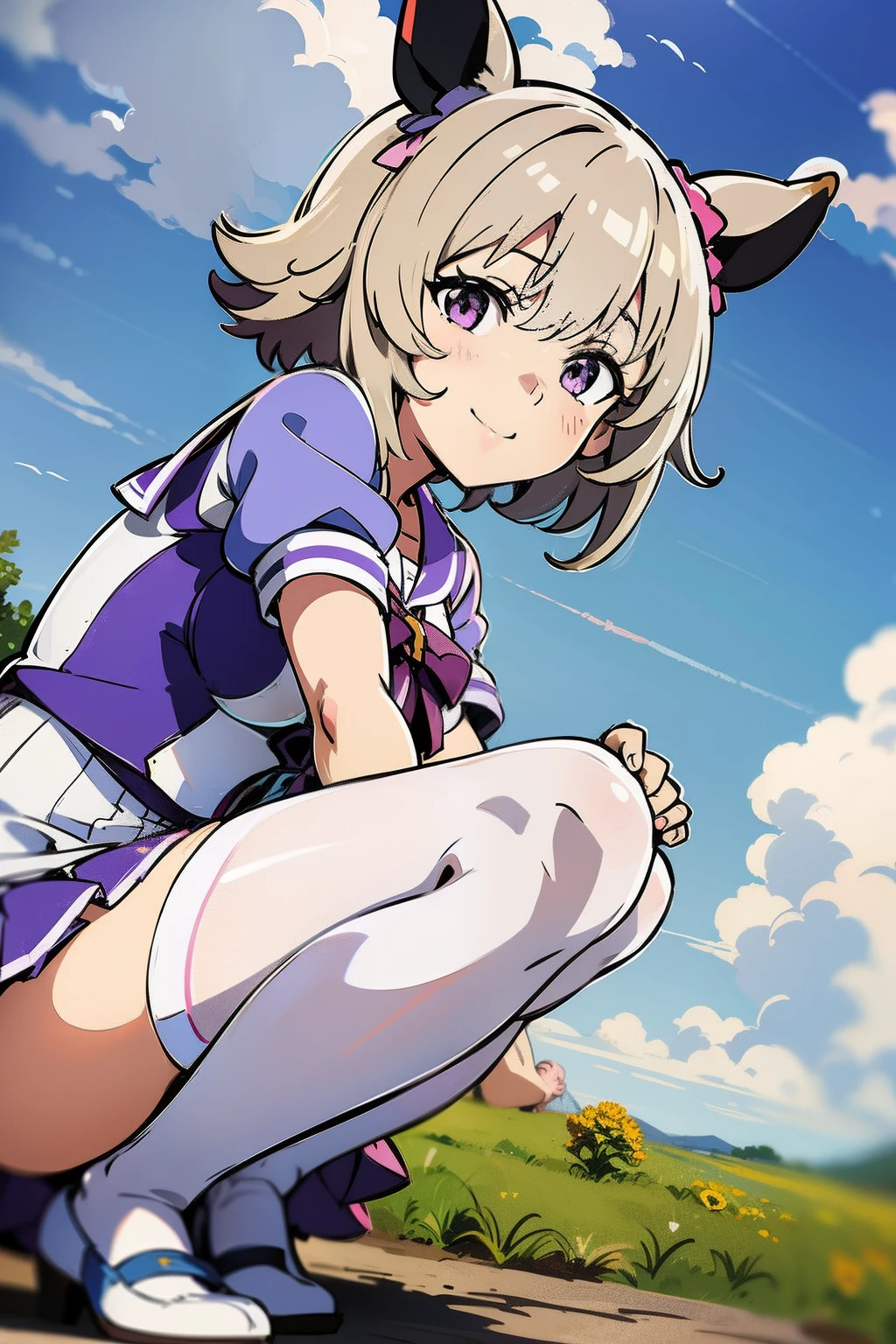 CurrenChan,(sketch,anime colours,Foreground,low angle:1.2),Seductive smile,Silver hair,Thigh Focus,crouching down,Showing legs, showing paws, Show me the soles of your feet,Camera legs,Happy,Trasen Uniform, Summer uniform, serafuku, Puffy Short Sleeves, purple bowtie, Horseshoe ornament, Sailor collar, sailor shirt, Purple shirt,white thigh highs,medium breasts,thigh focus