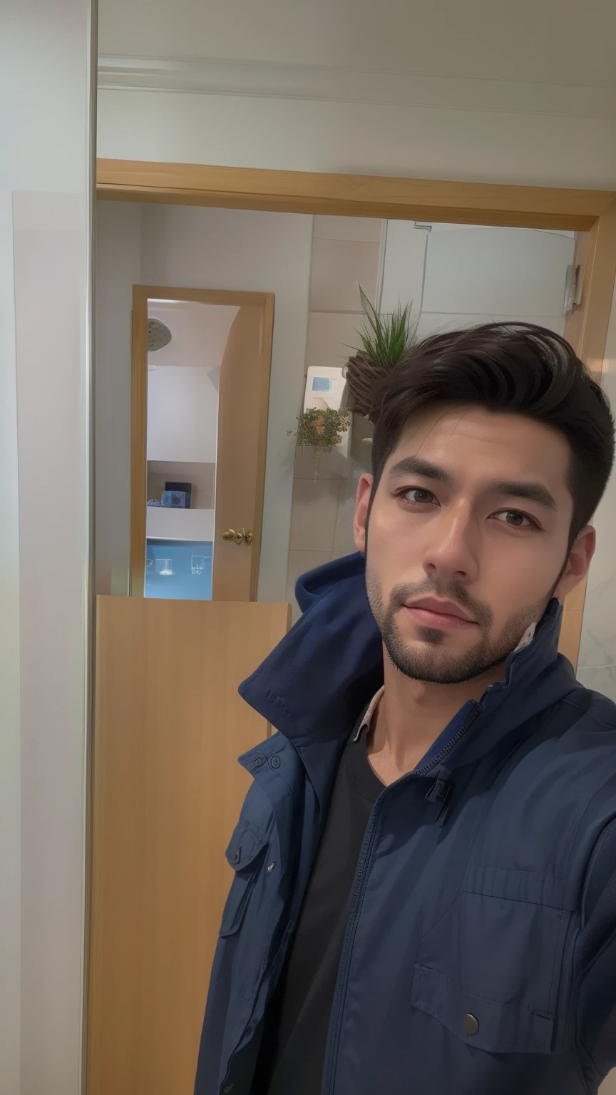 there is a man standing in a bathroom taking a selfie, Fotografia selfie 8k, em torno de 1 9 anos, imagem de qualidade muito baixa,imagem frontal, Sul Coreano Masculino, staring directly at camera, estilo anime, estilo no anime jojo bizarre adventure, qualidade muito baixa,, staring directly at camera, Retrato tirado 8 K