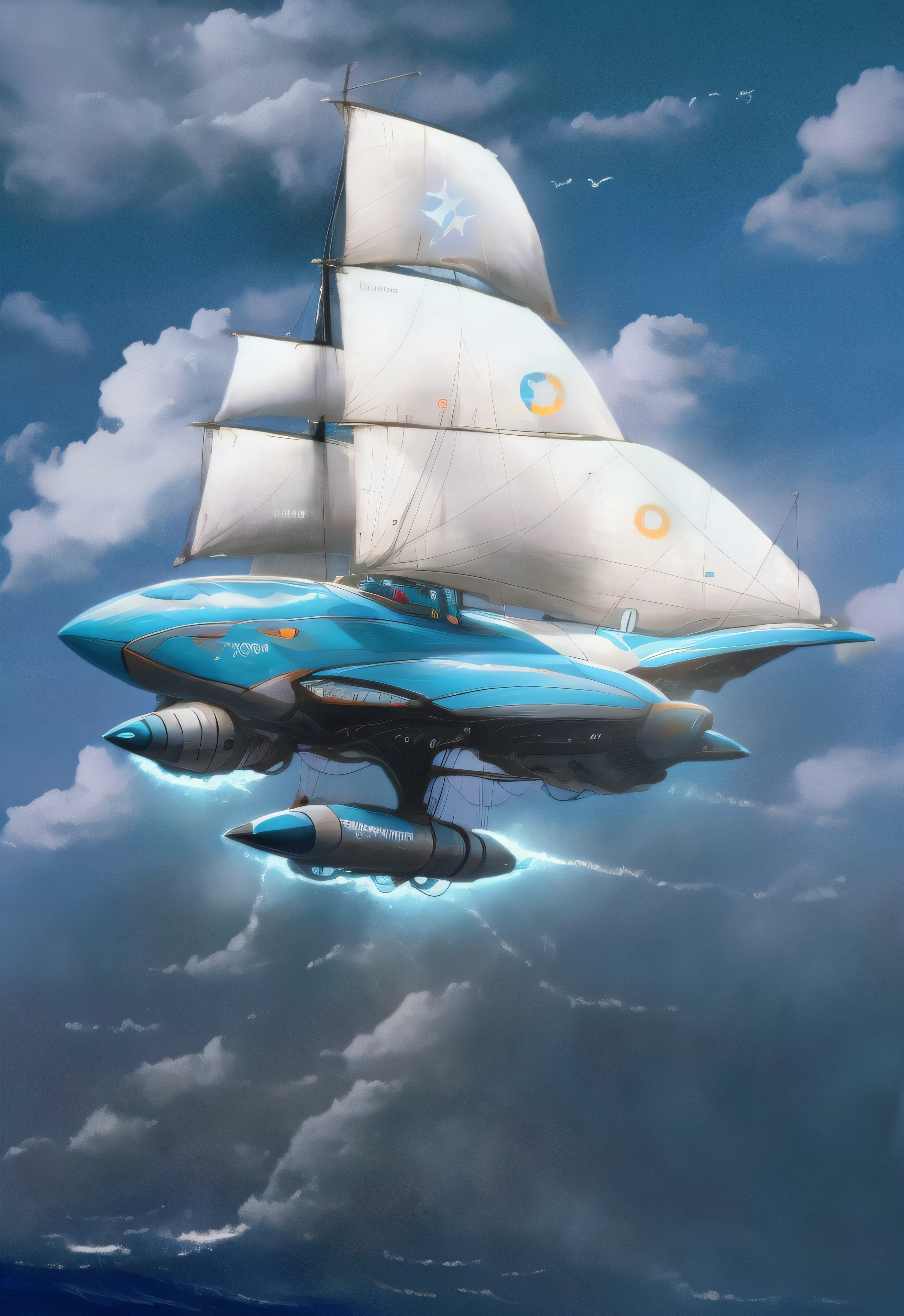 Super velero futurista de color blanco volando entre las nubes y muy abajo el mar embravecido con olas enormes que se estrellan en los acantilados a lo lejos