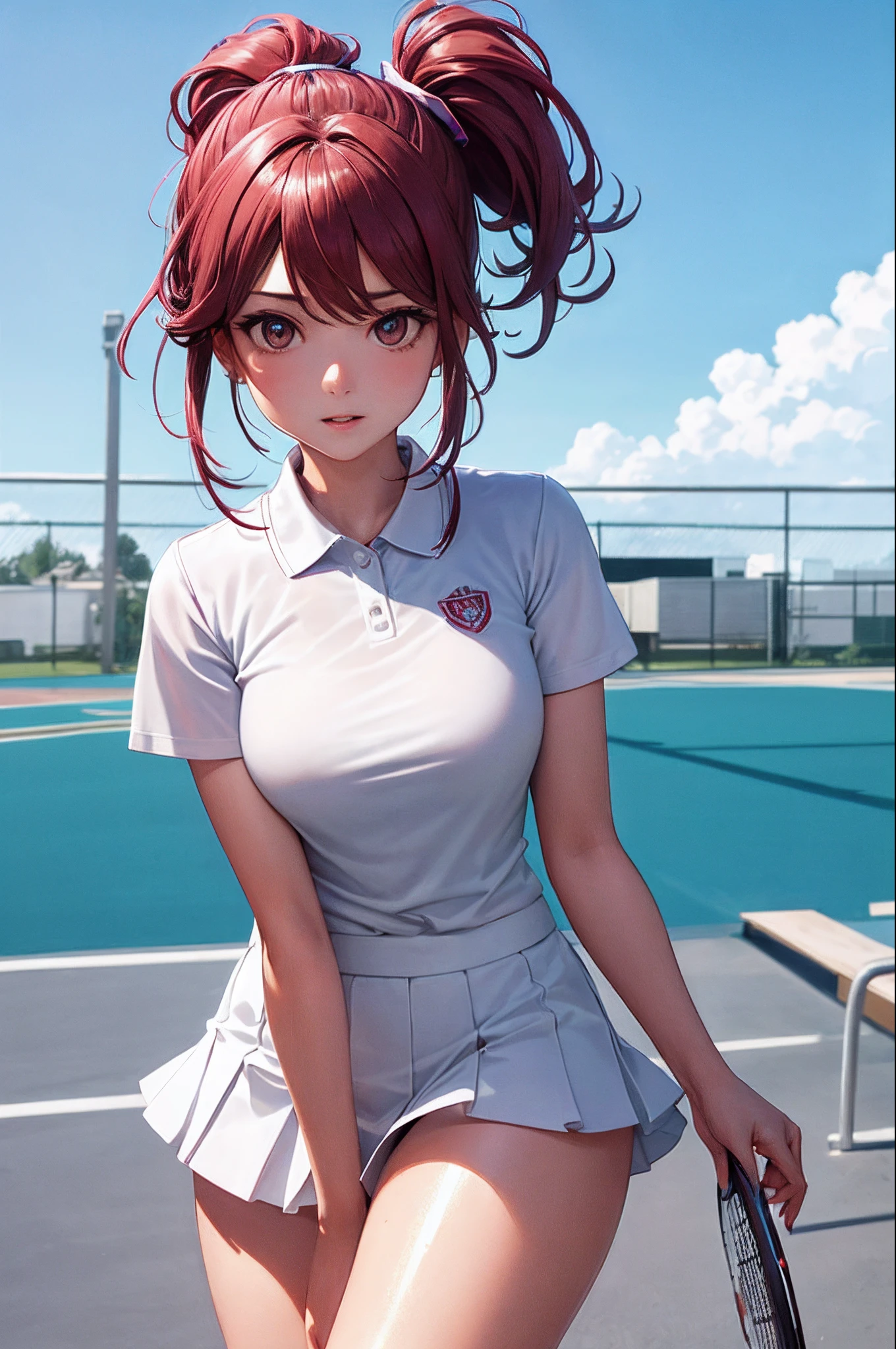 Beautiful young woman, Anime Style, Detailed face, Redhead, Red eyes, Delicate features, Soft lighting, Wearing gym clothes, White T-shirt, Red Bloomers, Stretching, Outdoor school field background, Clear blue sky, sunny day, Dynamic pose, Athletic ability, flexible, Japanese Anime Style, high quality, Very detailed, 8K resolution, Cinema Lighting, 最high quality, Vibrant colors, Instagrammable, beautiful, trend