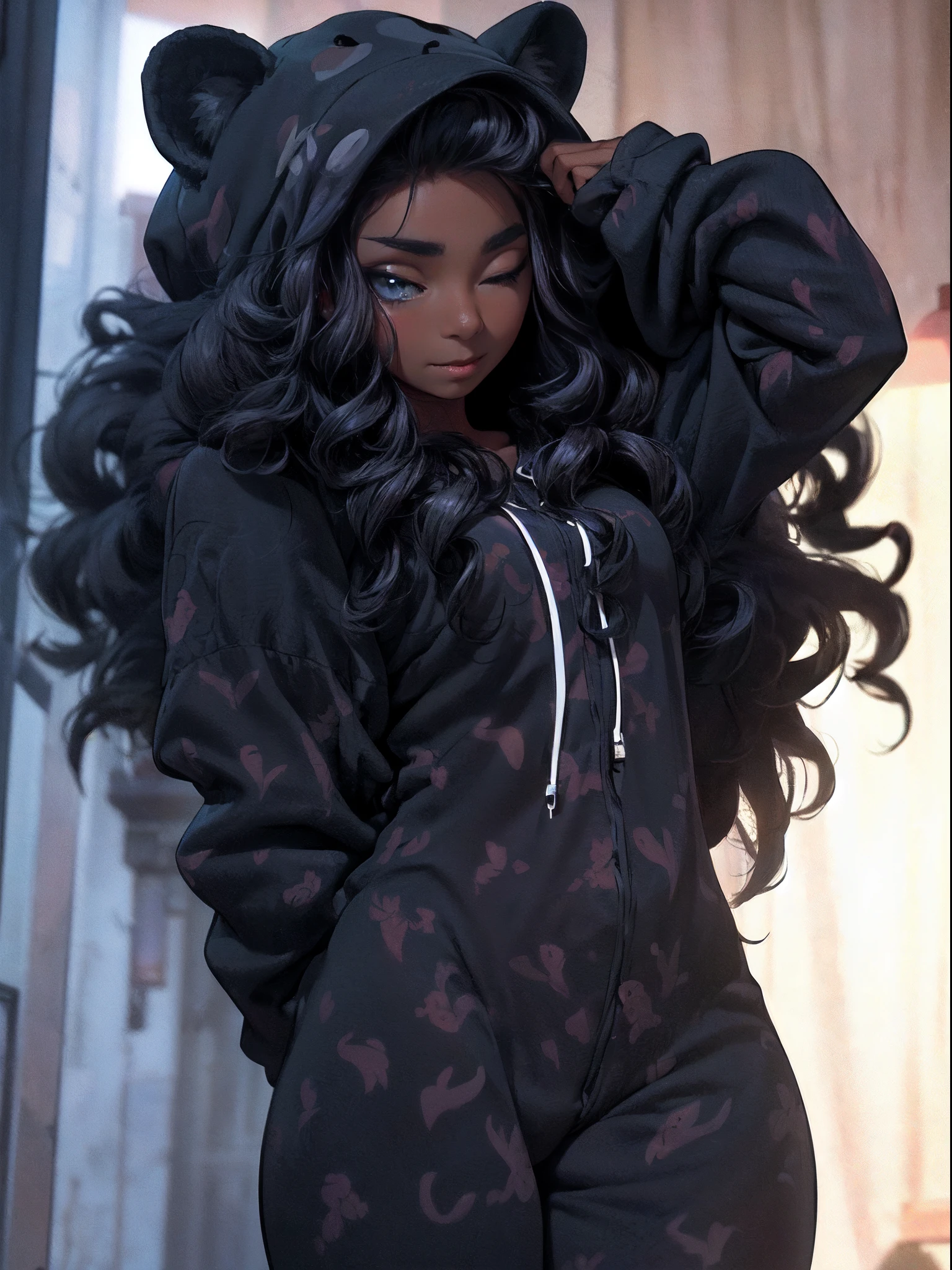 (((sensual, strong, attractive, curvaceous, powerful, darkskin female, in a form fitting lion  onesie pajamas complete with tail,mane, and ear,)))Darkskin), (black hair), curly, bangs, long hair, (black eyes),Mahogony darkskin, gloves, statuesque oblong-shaped face,vivacious eyes, flowing wavy dragonbraid, tone, hourglass physique,thick, alluring, large breasts, large butt, heart hips, long, toned legs. ,Impish, mischievous smile, Straddling and pinning viewer (multiversal genius and surrounded by floating hardlight orbs ),glamour shot (masterpiece), (ultra-detailed), (perfect details), (extremely fine and beautiful), beautiful face, beautiful eyes, (detailed face, detailed eyes), detailed lip, shiny skin, oil skin, shiny hair, sense of depth, depth of field, (from below, ceiling) dynamic angle, scenery, dramatic lighting, volumetric lighting, golden hour, dangerous (lots of stars),( bedroom),(science ,fantasy),((magic, futuristic fantasy bedroom)),(star pinted walls)),(hardlight tubes, various experiments decoration),(black and blue interior, orbs, more_details more_details, more_details, more_details  70mm lens, Depth of field, DOF, Tilt blur, Shutter speed 1/1000, f/22, white balance, 32k , super resolution, megapixel
