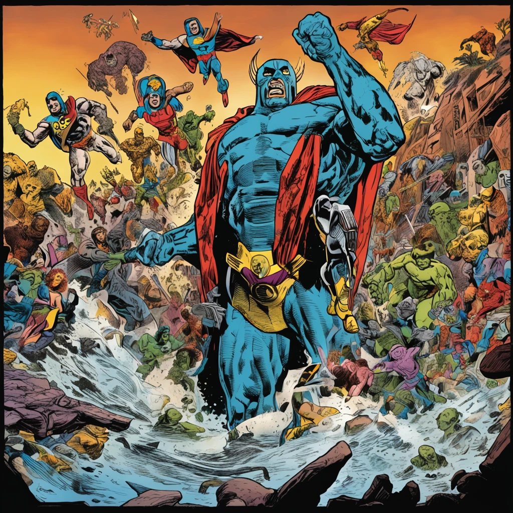 The story ends with them both realizing that true power lies not only in technology, but in human will and purpose, justice and goodness, comic book illustration by jack kirby