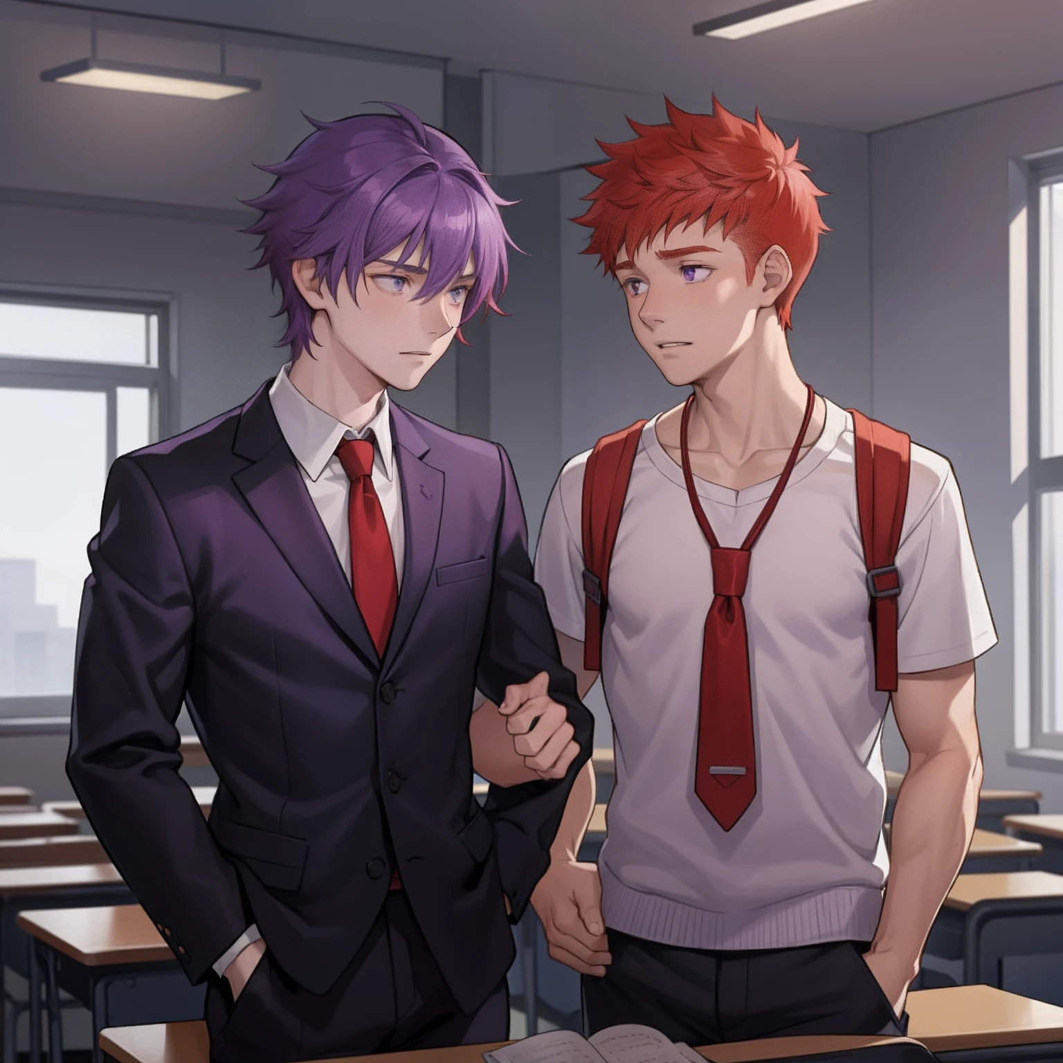 A -yeld reaired boy, purple skin, He's in the classroom telling his best friend a sad story...