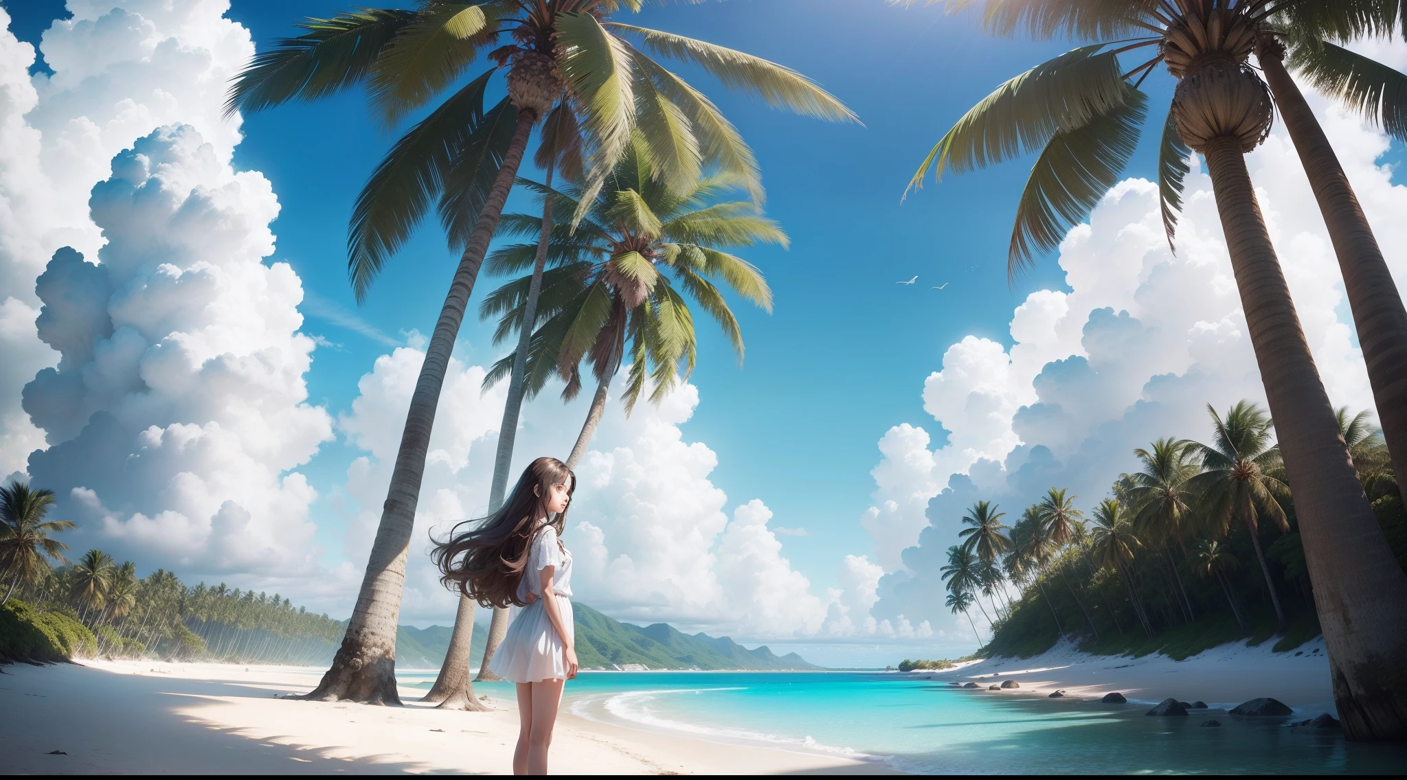 a hyperrealistic digital art style image in 16:9 format, young girl, long brown hair, brown eyes, fair skin, standing in the bottom left corner, looking at the sea, white sand beach, clear blue sky with some white clouds, tall palm trees, transparent turquoise water with small waves, a few meters in front of her, no people, no objects