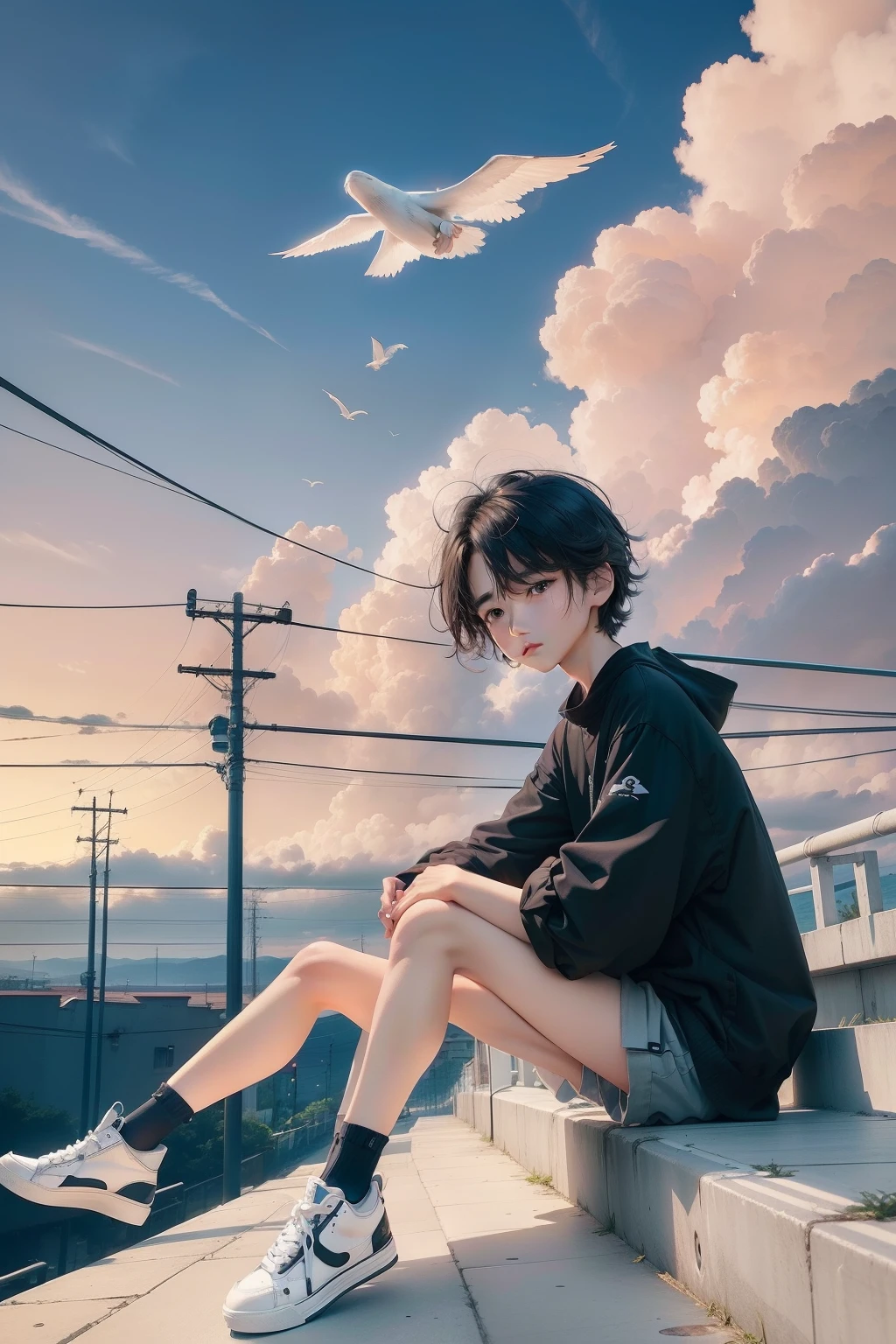 masterpiece, intricate detailes,top-quality, 1boy, 独奏, railing, clouds, sitting on, plein air, whales, shorth hair, shoe, Skysky, long-sleeve, espadrilles, Power lines, white footwear, A dark-haired, looking at the viewers, utility pole, bangss, cloudy ash sky, AngelT, a bird, verd s eyes, shortpants, Tiere, tag, Black shirt, Bare legged