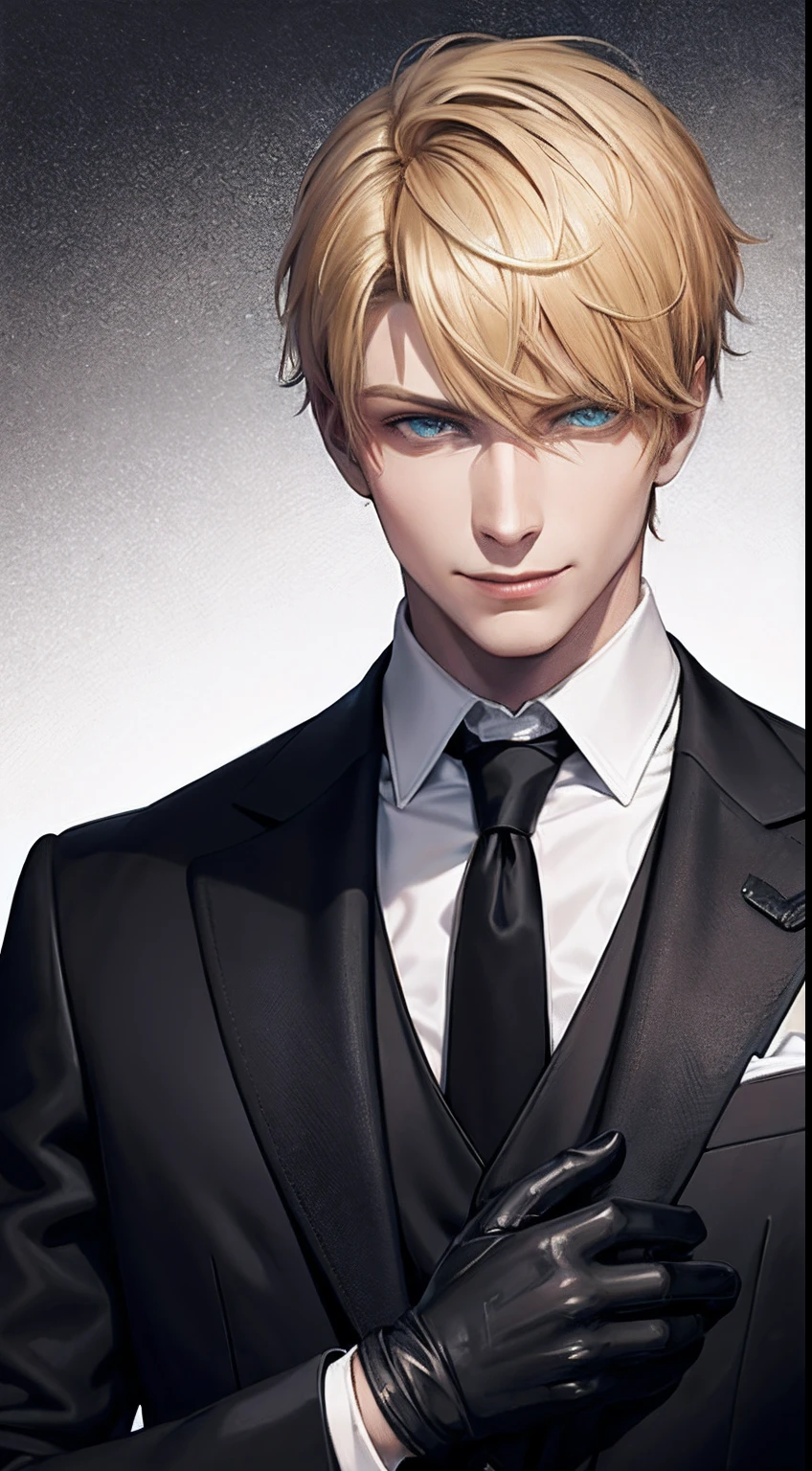 colorful,highest detailed, Male with blond short hair, evil smile, wearing suit and black gloves, green eyes, manipulative, realistic, handsome, evil