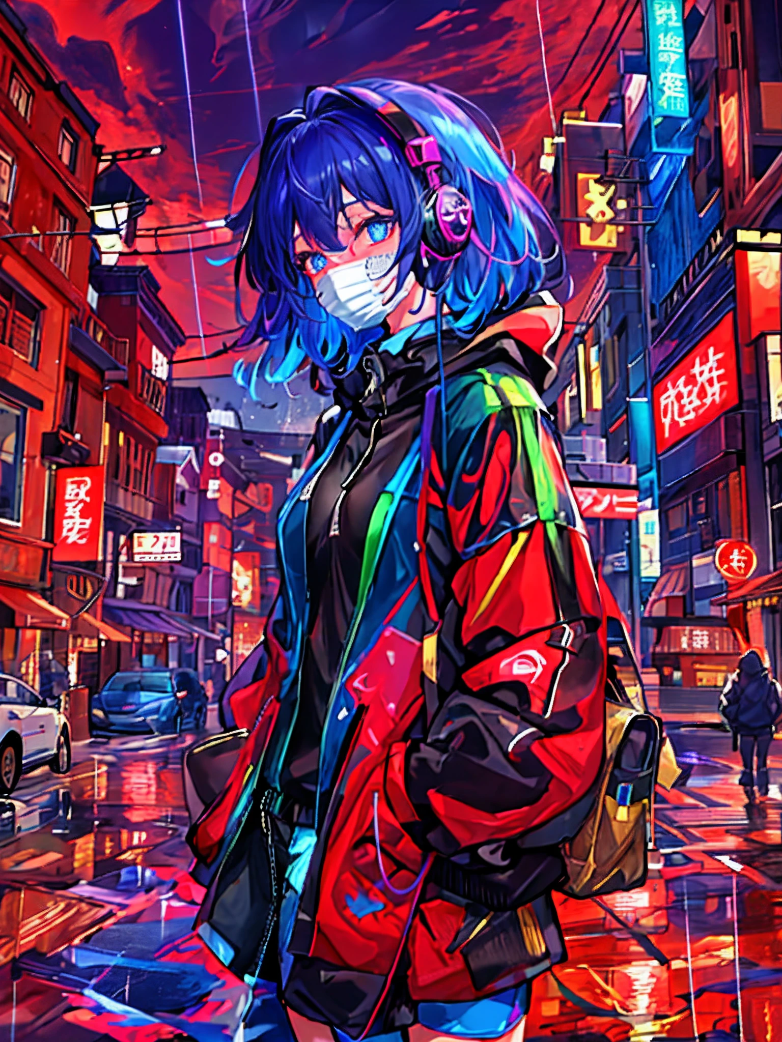 8K分辨率、((top-quality))、((​masterpiece))、((ultra-detailliert))、1 woman、独奏、incredibly absurdness、(((mouth mask)))、Oversized hoodies、headphones、Street、Rain at night、neons、Shortcut Hair、Brightly colored eyes、Hands in pockets、shortpants、water dripping