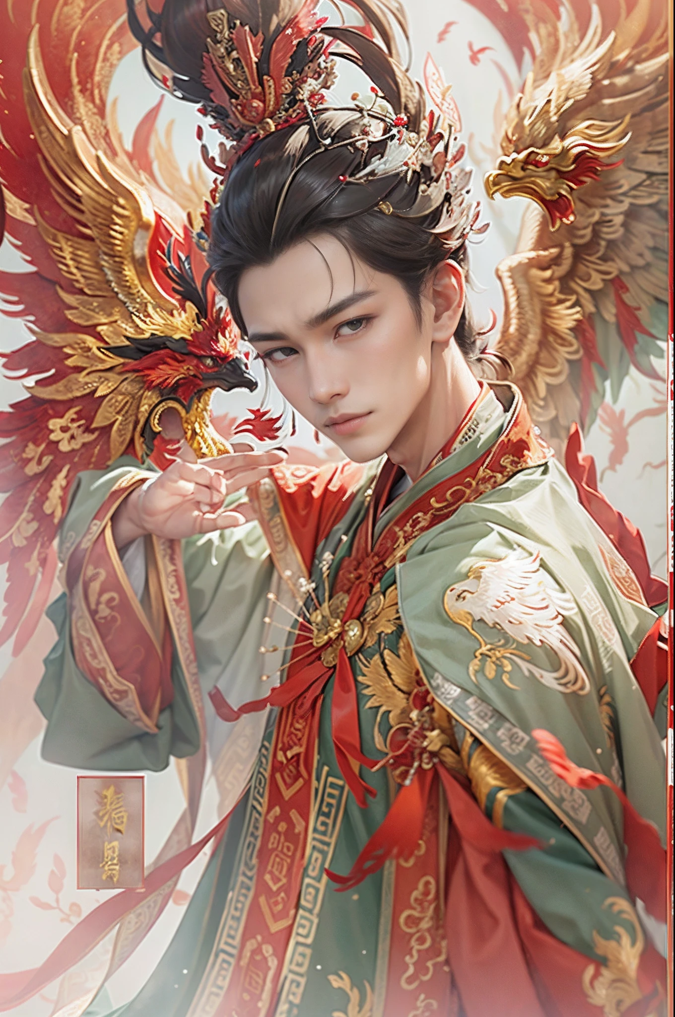 (((tmasterpiece))).(sportrait:1.3,)Palace，Hanfu groom，Golden Phoenix Crown，Red and green hanfu，Solemn，(orthofacial)，A handsome man，Beautiful facial features，Smooth and delicate skin，skin detailed，(He wears a phoenix crown on his head，Wearing red Chinese clothing，)k hd，higher details，movie picture quality，