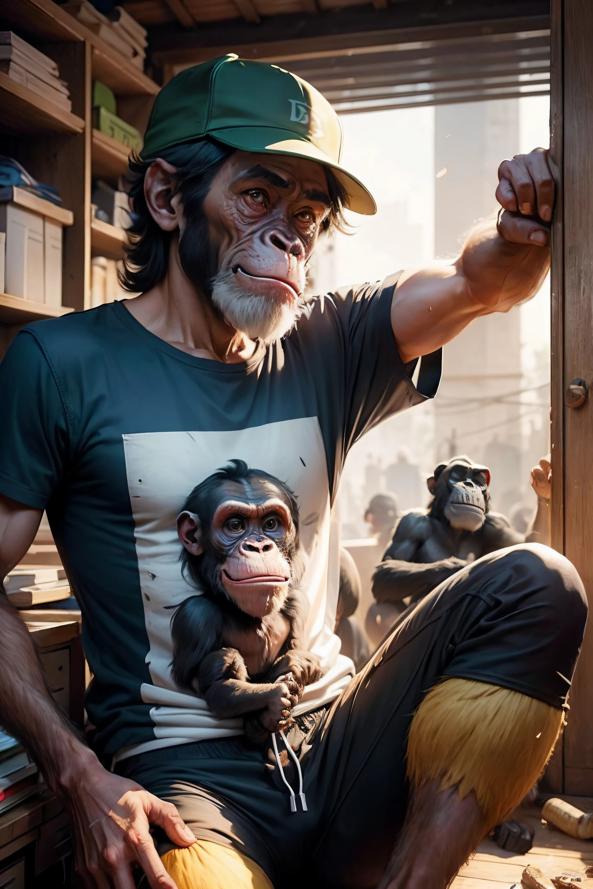 homem macaco, hibrido de homem e chimpanze, em um laborotorio sujo --auto