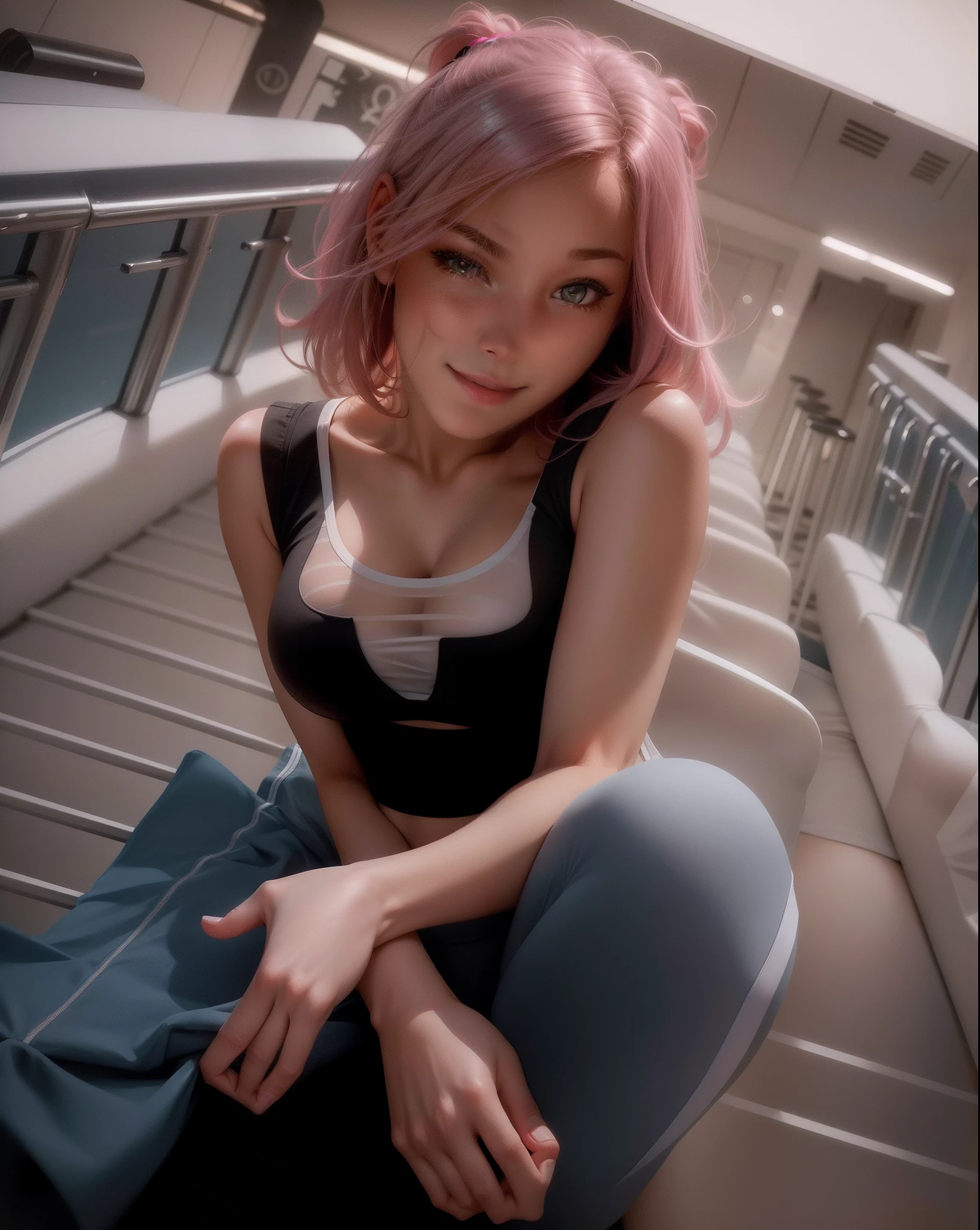 best quality, ultra high res, (photorealistic:1.4), 1girl, (white sports bra, see through, transparent), (yoga pants:1), big breasts, looking at viewer, smiling, cute, full body, gym room,(platinum pink hair:1)