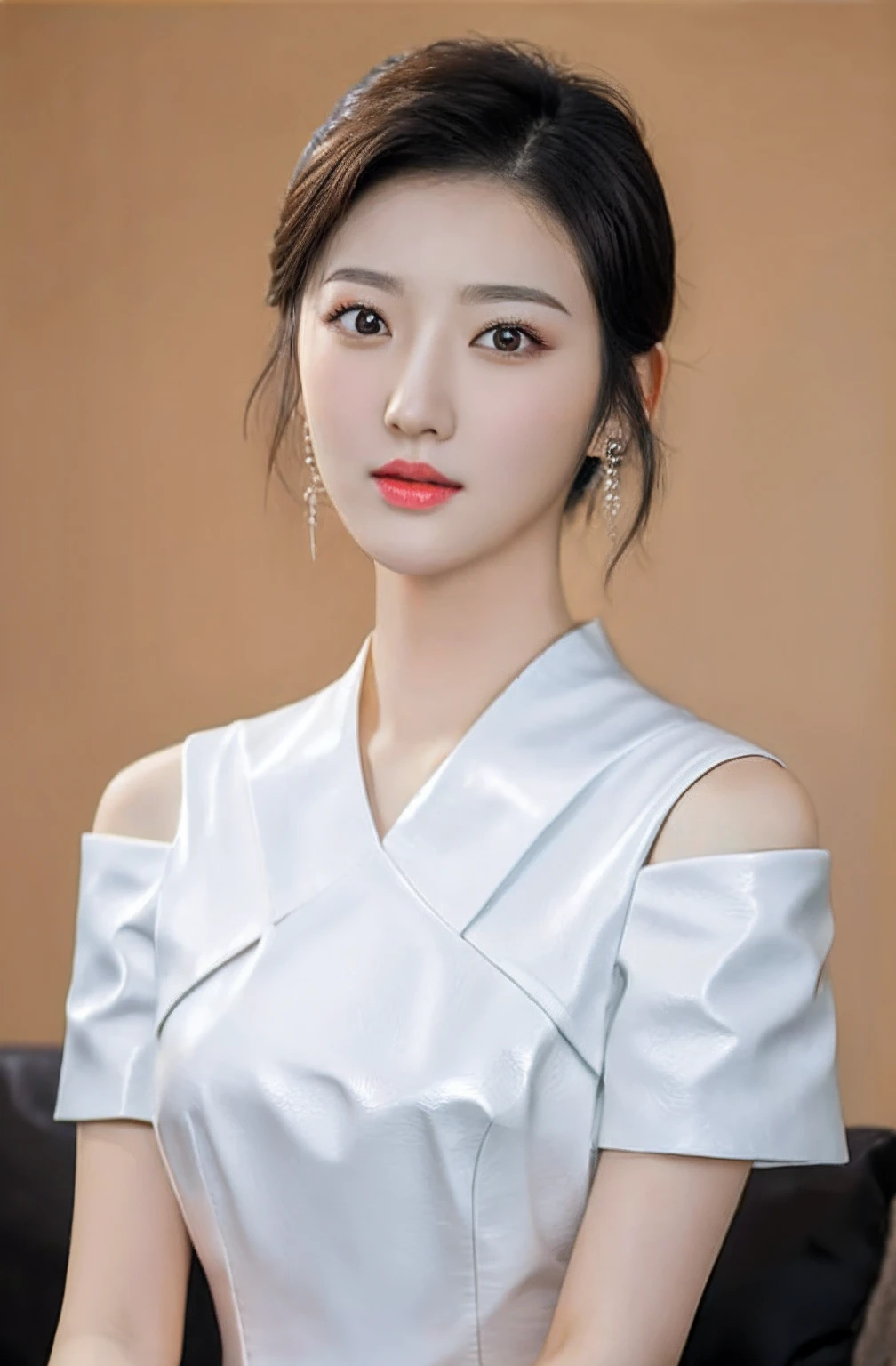 Asian woman in alafe with white top and black leather shoulders, young lovely Korean faces, portrait of female korean idol, wan adorable korean face, Korean symmetrical face, with short hair, Popular Korean makeup, popular korean makeup, hwang se - on, beautiful Korean women, jaeyeon nam, Korean face features, Korean girl, Beautiful young Korean woman