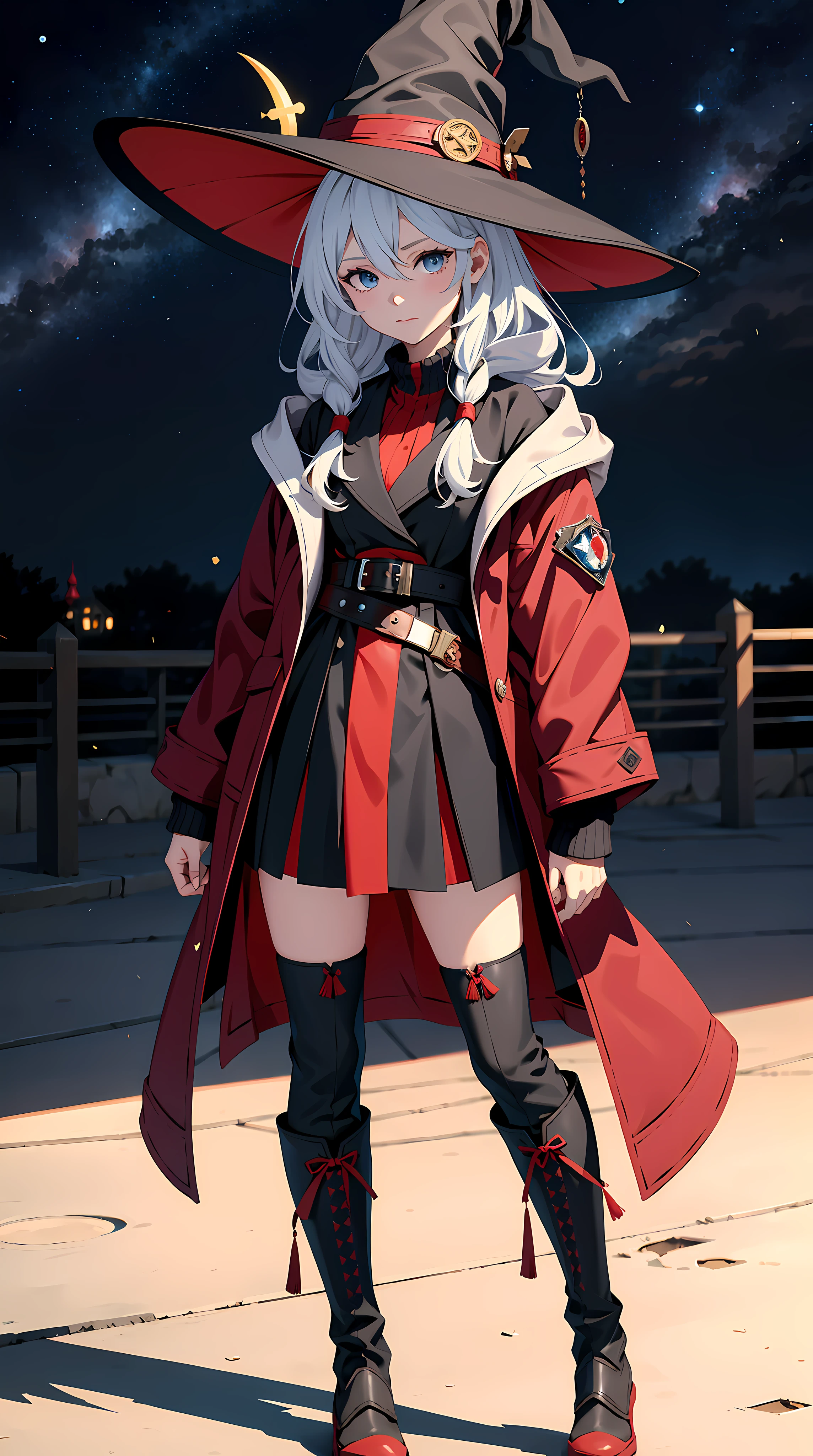 absurd res, high res, (masterpiece:1.4), ultra-detailed, 1girl, from above, space, witch hat, witch robe, brown jacket belt, red jacket, blue knifes on jacket belt, black thighhighs, black boots, yellow inner dress, white sweater inner,