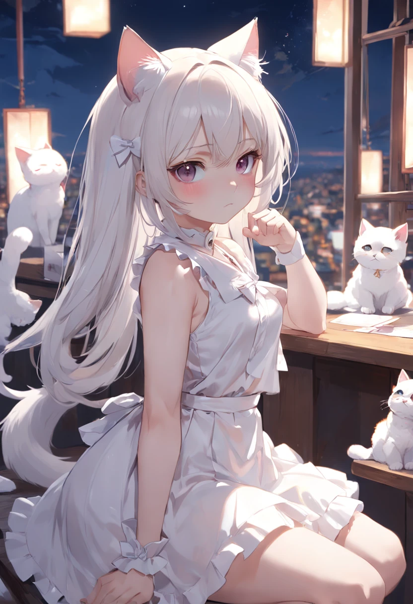 Anime cat-eared girl in white dress, Learn about desks，loli in dress,sleeveless， small curvy loli, artwork in the style of guweiz, guweiz on pixiv artstation, guweiz on artstation pixiv, guweiz, small li girl, soft anime illustration, Anime visuals of cute girls, Detailed Digital Anime Art