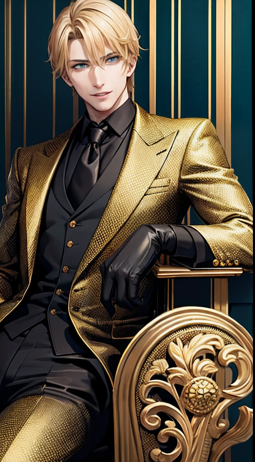 colorful,highest detailed, Male with golden blond short hair, evil smile, wearing suit and black gloves, green eyes, manipulative, realistic, handsome, evil, Rich