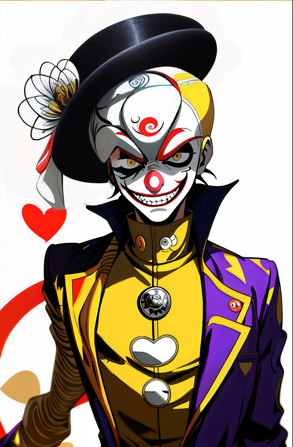 Make a white clown, with black clothes and white, with a black and white jester hat, with the penis out, with a seductive face