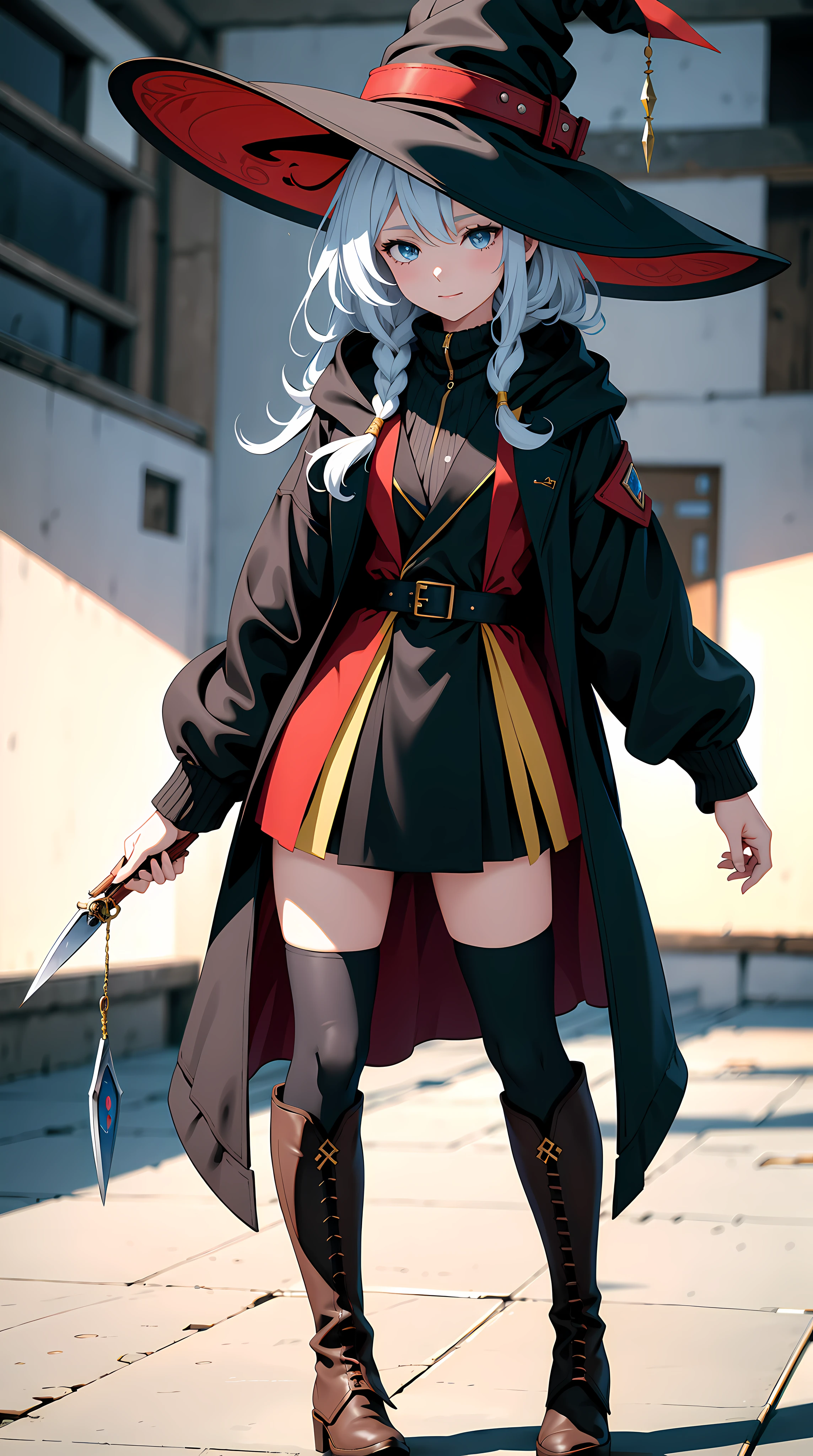 absurd res, high res, (masterpiece:1.4), ultra-detailed, 1girl, from above, space, witch hat, witch robe, brown jacket belt, red jacket, blue knifes on jacket belt, black thighhighs, black boots, yellow inner dress, white sweater inner,