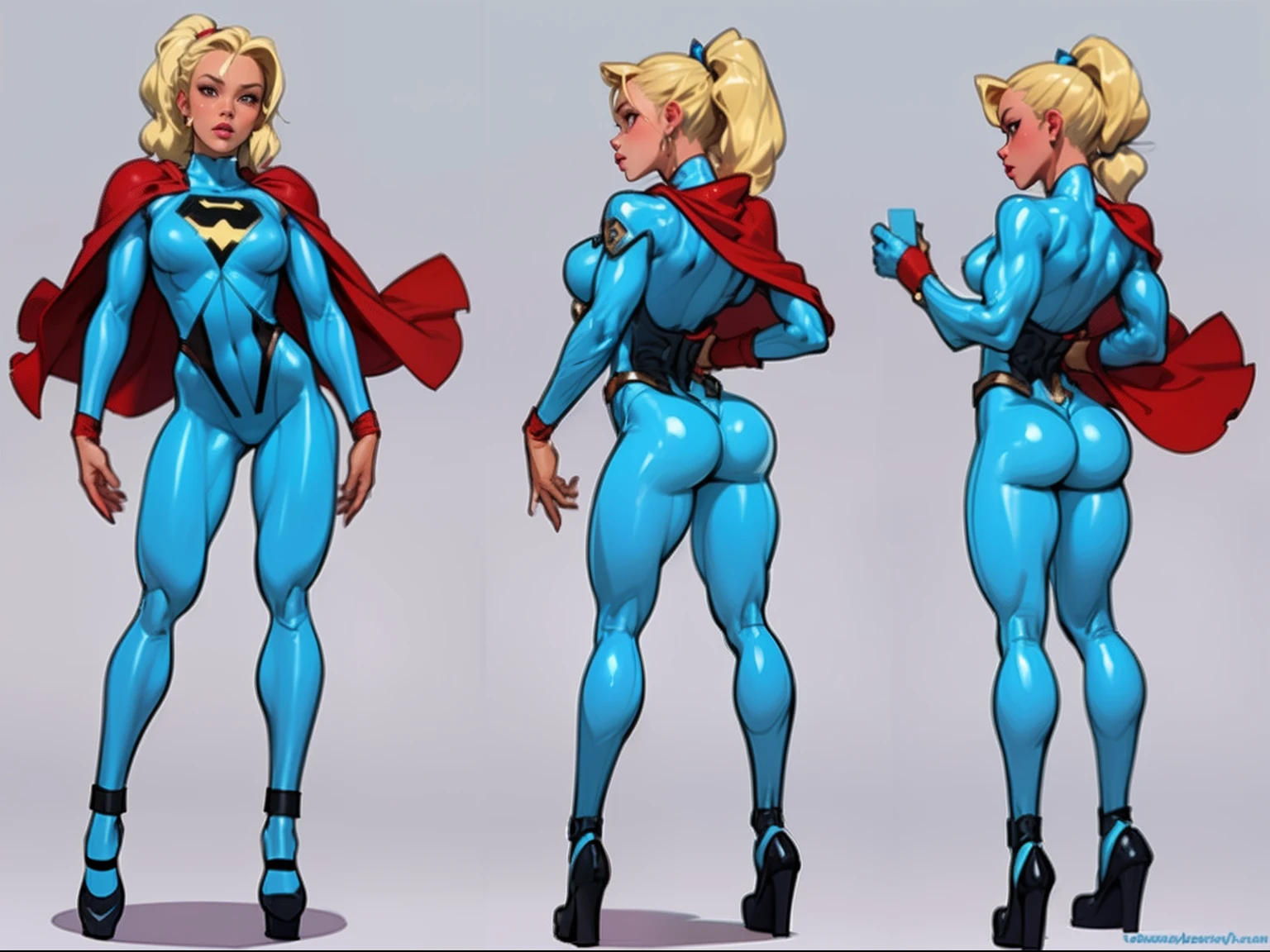 ((masterpiece)),(((best quality))),((character design sheet)), ((full body view)) illustration,1girl, muscular, ((seablue bodysuit:1.5)), superhero, (blonde ponytail:1.4), (red cape:1.4) ((detailed face:1.4)) beautiful woman, (small breasts:1.3)(red thighhighs:1.3)shiny skin, (gold emblem on chest:1.2),scribbles and marks, (puffy lips:1.5), rough sketches, pose, 8k,16k, (simple background, white background: 1.3)