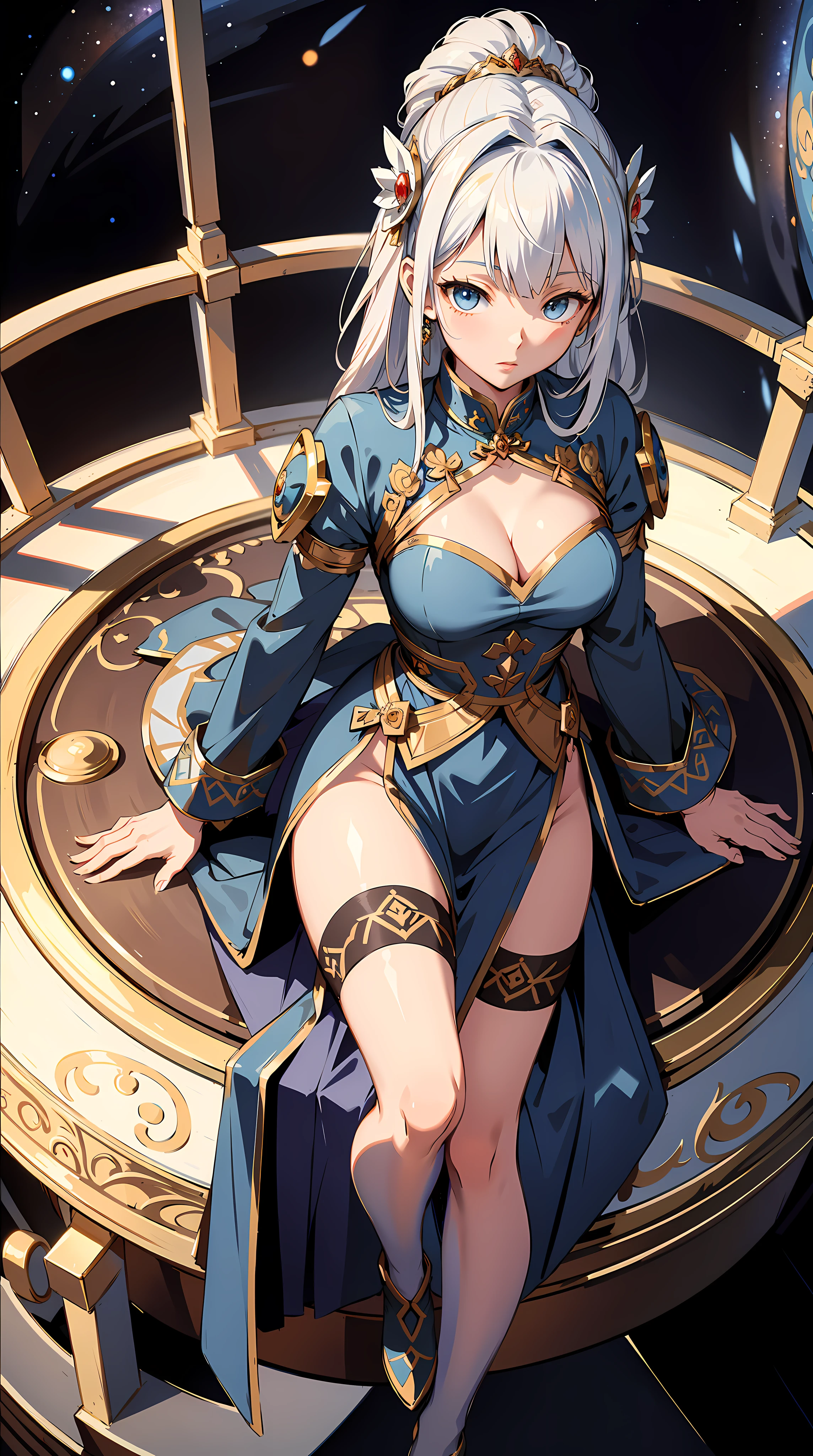absurd res, high res, (masterpiece:1.4), ultra-detailed, 1girl, from above, space, floating, Chinese dress, blue dress, stockings, white hair, golden eyes