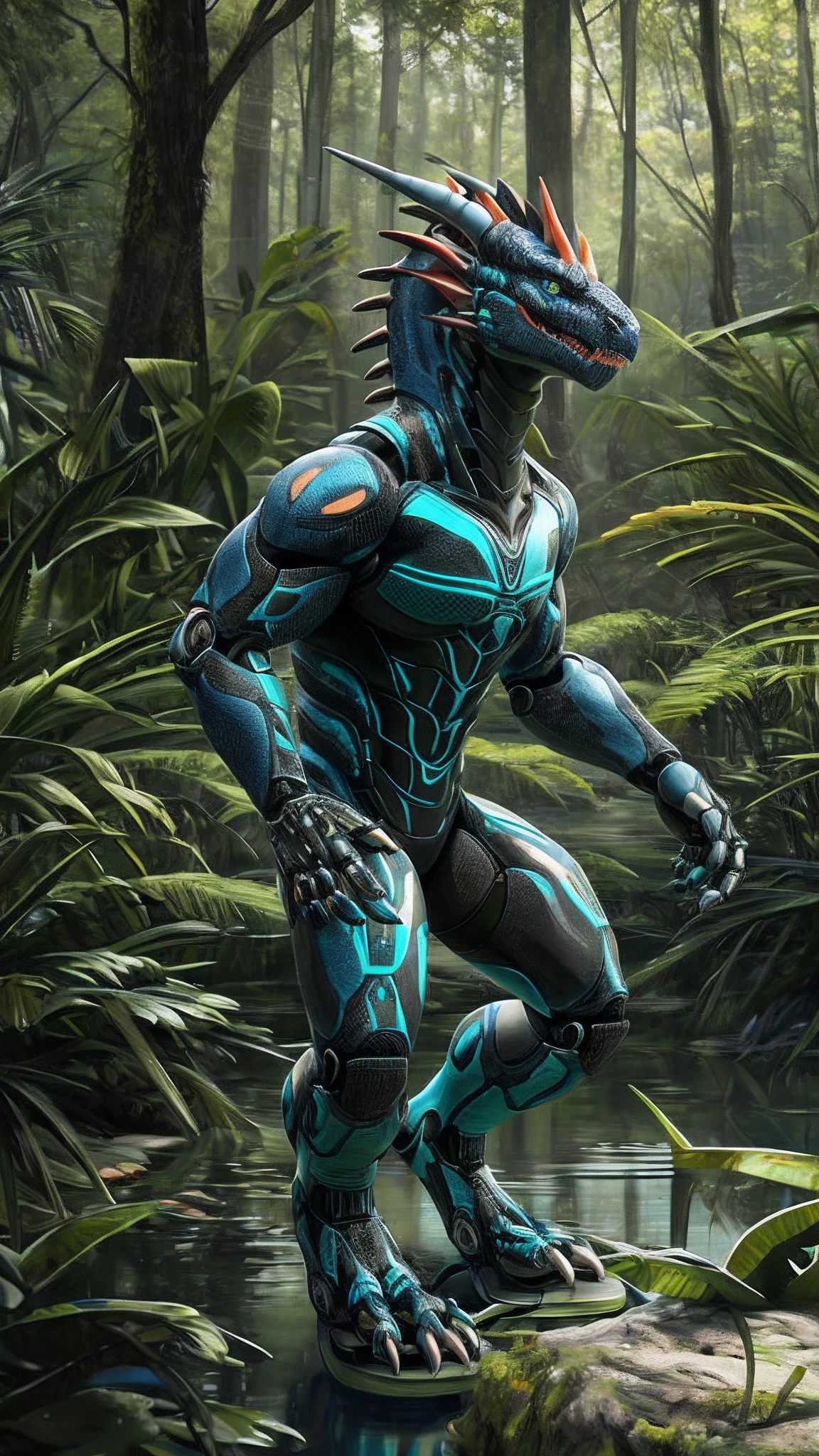 Bionic robot dragon,male,Android,Red Lingeri,sandals,Stuck in a swamp,HD graphics,Detailed and realistic,high detal,high qulity,photo-realistic,photorealistic eye,Detailed paws,Clear eyes,Masterpiece artwork,Five-fingered hands