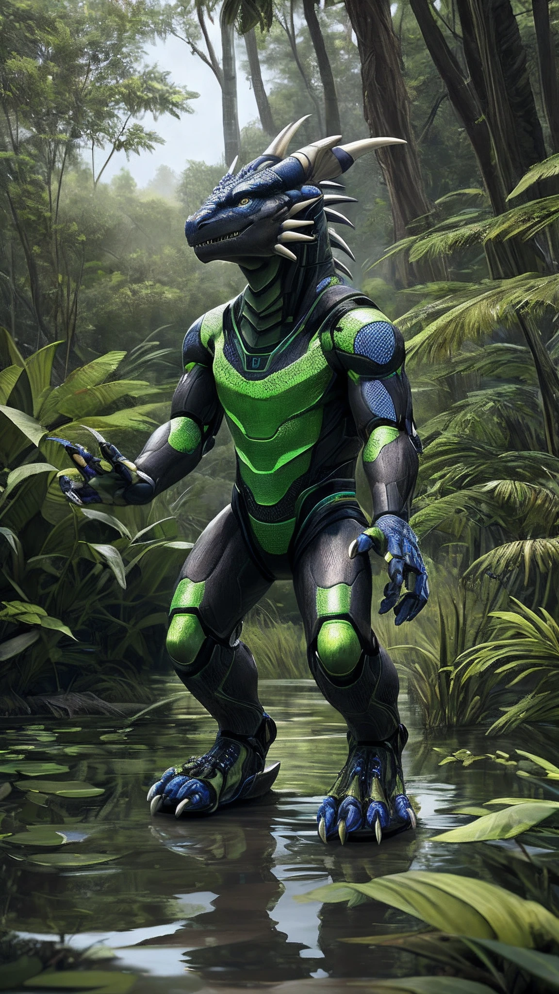 Bionic robot dragon,male,Android,Red Lingeri,sandals,Stuck in a swamp,HD graphics,Detailed and realistic,high detal,high qulity,photo-realistic,photorealistic eye,Detailed paws,Clear eyes,Masterpiece artwork,Five-fingered hands