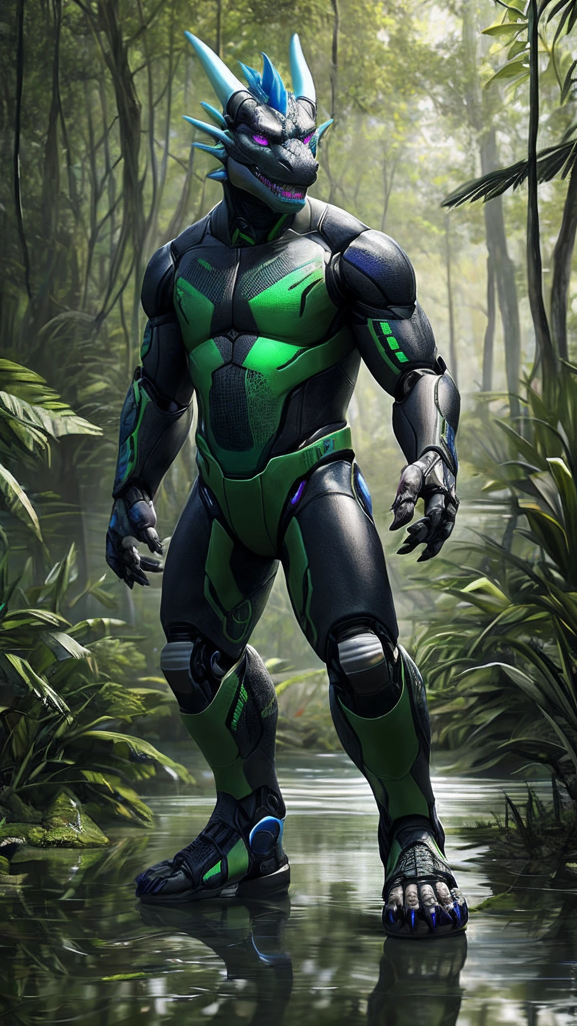 Bionic robot dragon,male,Android,Red Lingeri,sandals,Stuck in a swamp,HD graphics,Detailed and realistic,high detal,high qulity,photo-realistic,photorealistic eye,Detailed paws,Clear eyes,Masterpiece artwork,Five-fingered hands