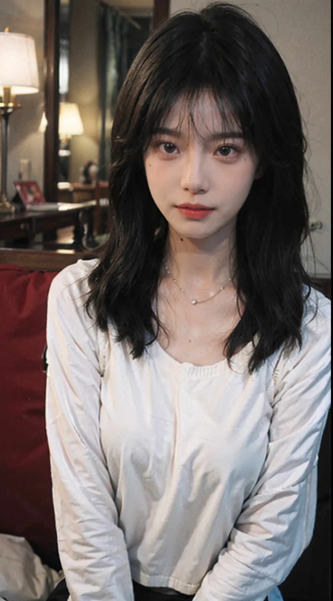 best qualtiy， 超高分辨率， （realisticlying：1.4），Baoyu Girl，1girll, with long coiled hair，Blushlush，Looking into the distance，nedium breasts，Cropped red sweater，a sense of atmosphere，Beautiful woman with a slim figure:1.4, Abs，Ultra-fine face，Elaborate Eyes，二重まぶた，choker necklace