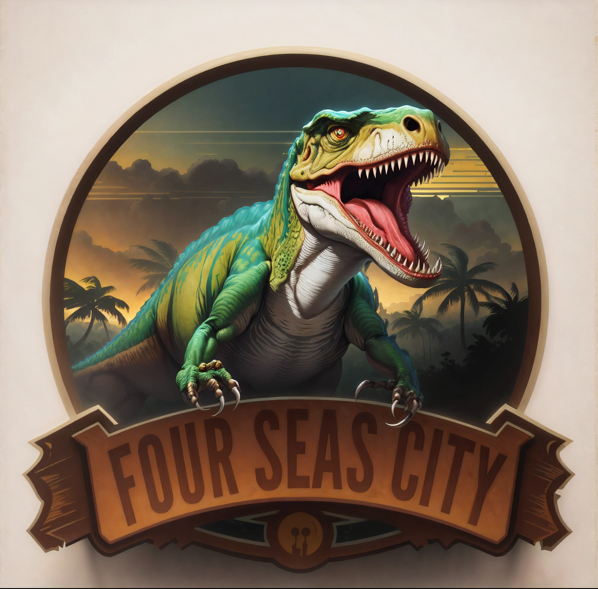 There is a T-Rex standing in front of the sign, “a dinosaur market, cidade costeira tropical, Highly detailed illustration.”, Official artwork, by Daniel Schultz, jurassic, detailed digital illustration, T-Rex is drinking a huge IPA, author：Seb McKinnon, hyper detailed illustration, author：Adam Maczynski, jurassic image