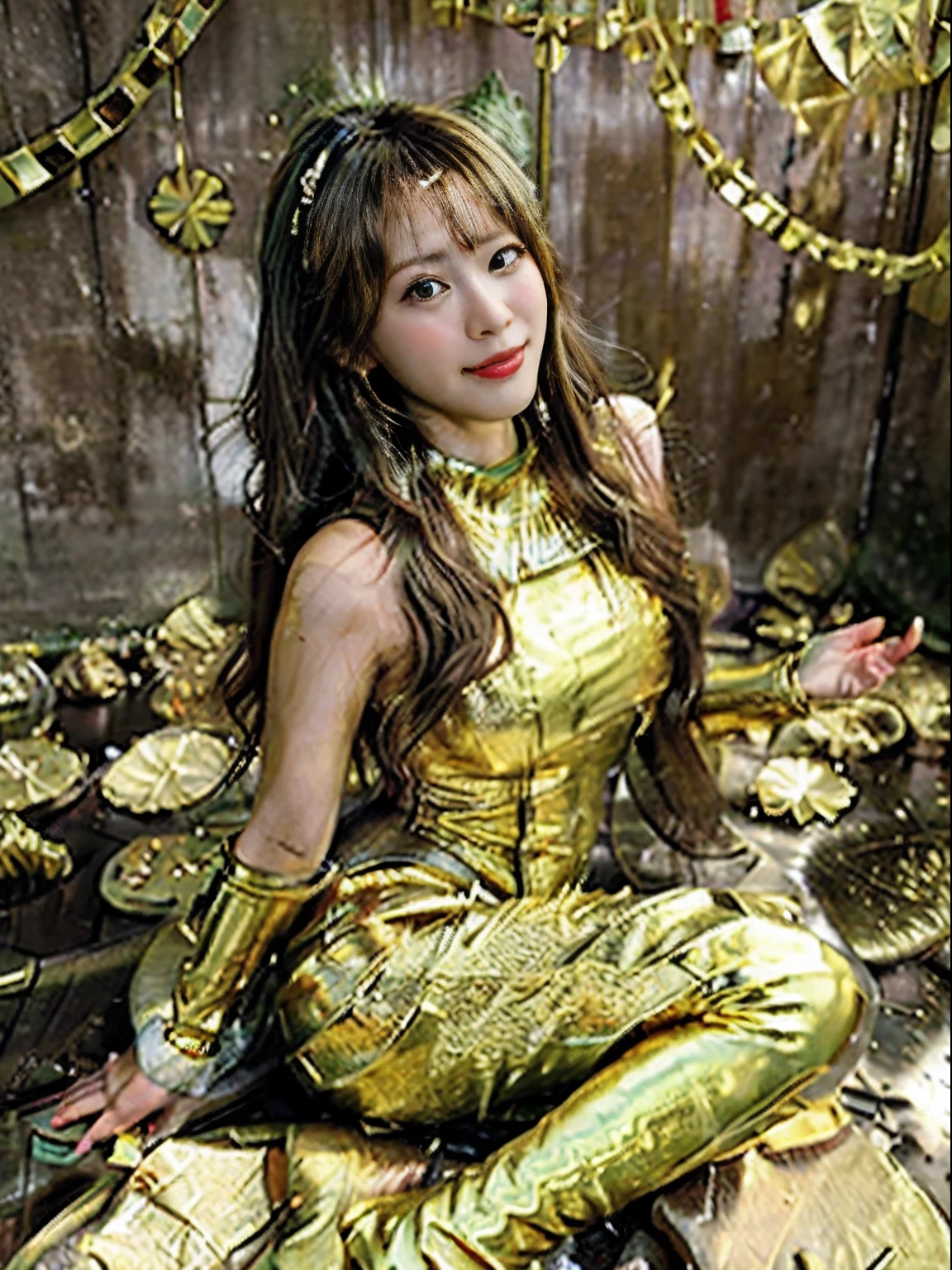 1人の女性、25-years old、(high-angle shot:1)、Countless gold coins are scattered all over the floor、masterpiece、top-quality、ultra-detailliert、the ground、japanes、a blond、(Large pelvis:1.4)、(Curvaceous:1.4)、(Happiness:1.4)、gals、(open the legs widely:1.4)、Opening Mouth、Contrasty、elbows on the ground、(Pile of gold coins:1.2)、Green Slime AI、Wrapped in slime