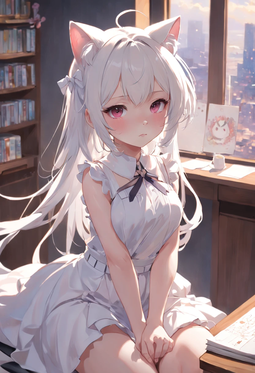 Anime cat-eared girl in white dress, Learn about desks,loli in dress,Sleeveless, small curvy loli, artwork in the style of guweiz, guweiz on pixiv artstation, guweiz on artstation pixiv, guweiz, small li girl, soft anime illustration, Anime visuals of cute girls, Detailed Digital Anime Art