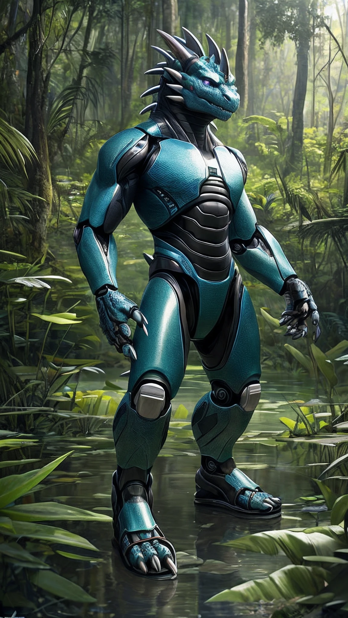 Bionic robot dragon,male,Android,Red Lingeri,sandals,Stuck in a swamp,HD graphics,Detailed and realistic,high detal,high qulity,photo-realistic,photorealistic eye,Detailed paws,Clear eyes,Masterpiece artwork,Five-fingered hands