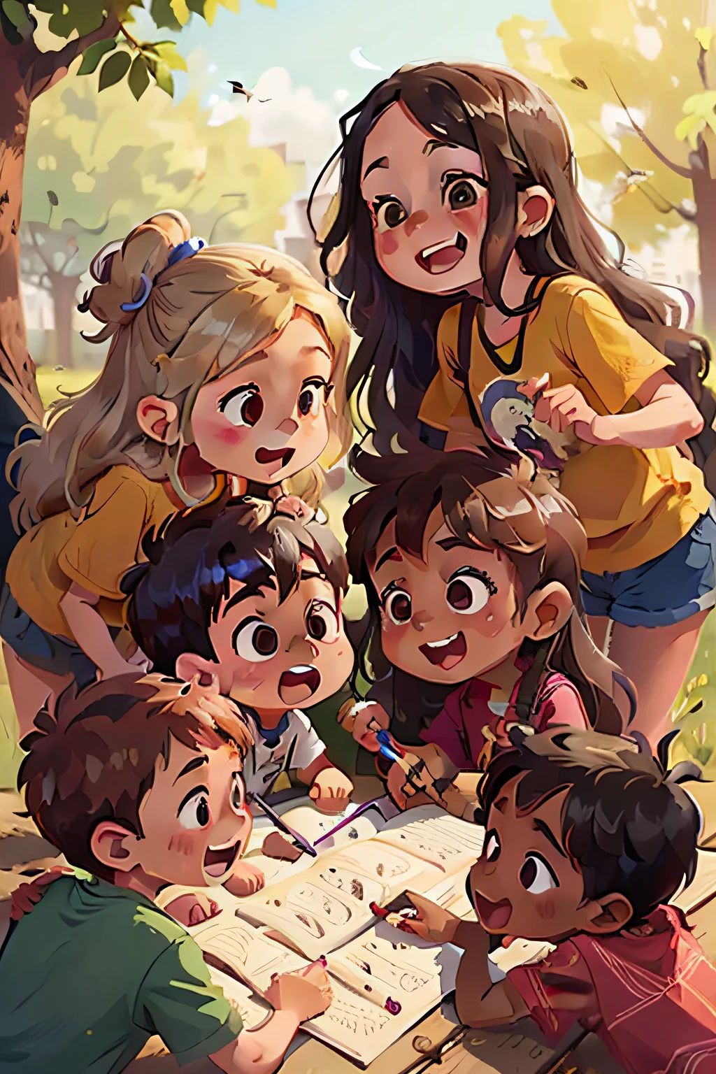 a group of 8-year-olds, grupo diversificado, meninos e meninas, an african boy, a chinese girl, a brown skin boy, a long hair girl, sorridentes no parque, todas diferentes, cute