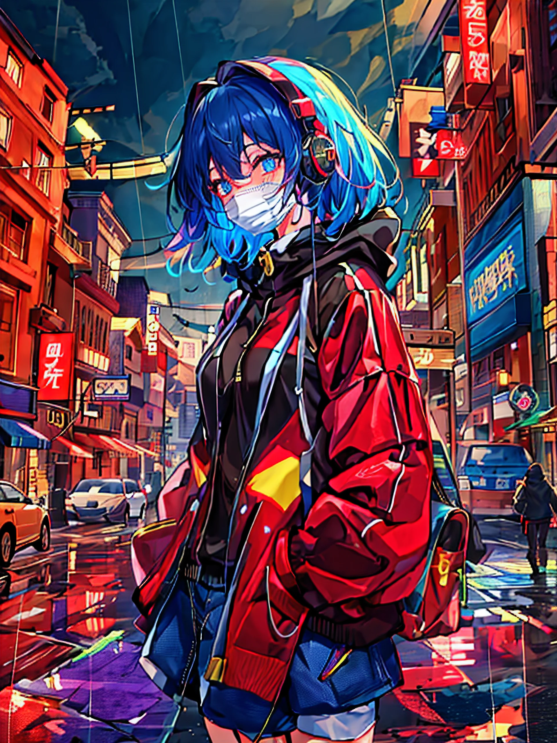8K分辨率、((top-quality))、((masterpiece))、((ultra-detailliert))、1 woman、独奏、incredibly absurdness、(((mouth mask)))、Oversized hoodies、headphones、Street、Rain at night、neons、Shortcut Hair、Brightly colored eyes、Hands in pockets、shortpants、water dripping