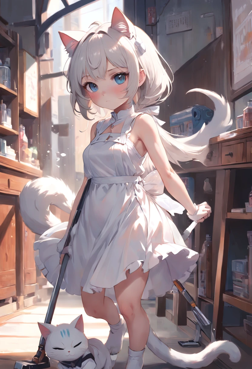 Anime cat-eared girl in white dress, Vacuuming，loli in dress,Sleeveless， small curvy loli, artwork in the style of guweiz, guweiz on pixiv artstation, guweiz on artstation pixiv, guweiz, small li girl, soft anime illustration, Anime visuals of cute girls, Detailed Digital Anime Art